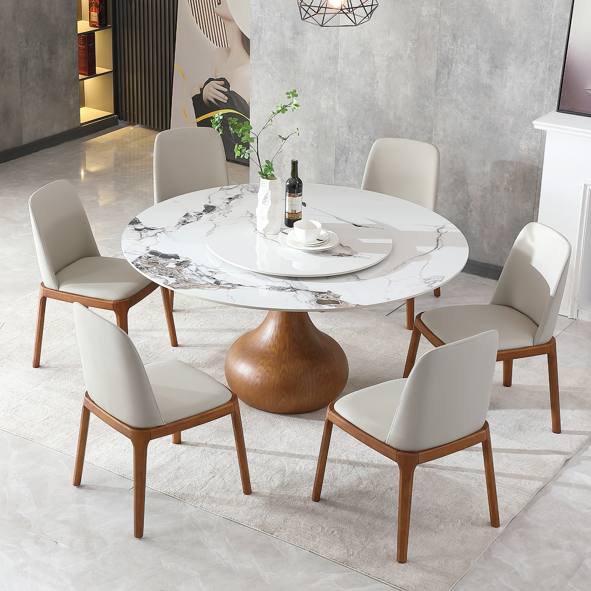 59" Round Sintered Stone Dining Table Set with Lazy Susan, Modern Marble Kitchen Table & 6 Upholstered Chairs, Luxury Pedestal Base for Dining Room
