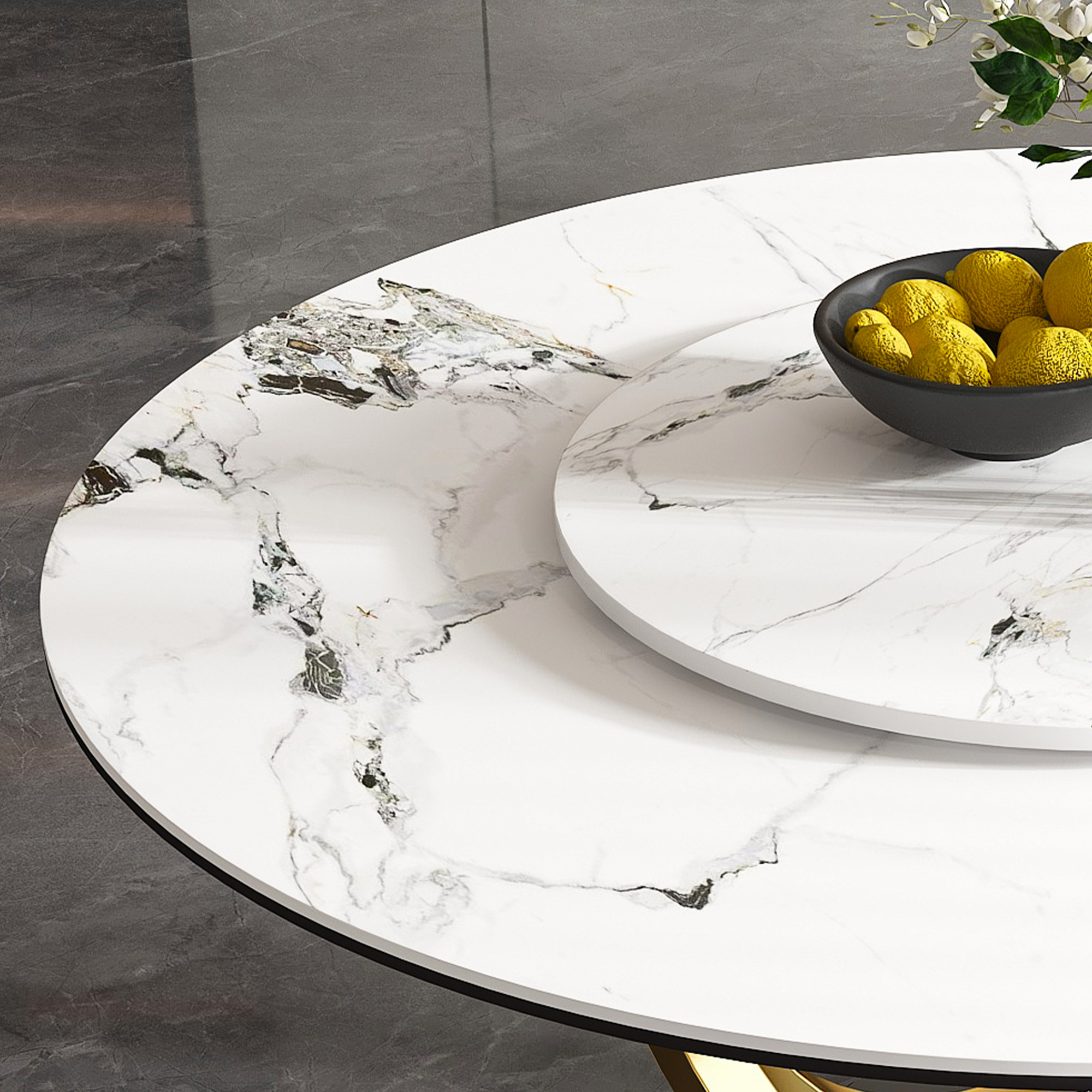 59" Round Sintered Stone Dining Table Set with Rotating Lazy Susan & Gold Base - Modern 8-Piece Kitchen Dinette Furniture