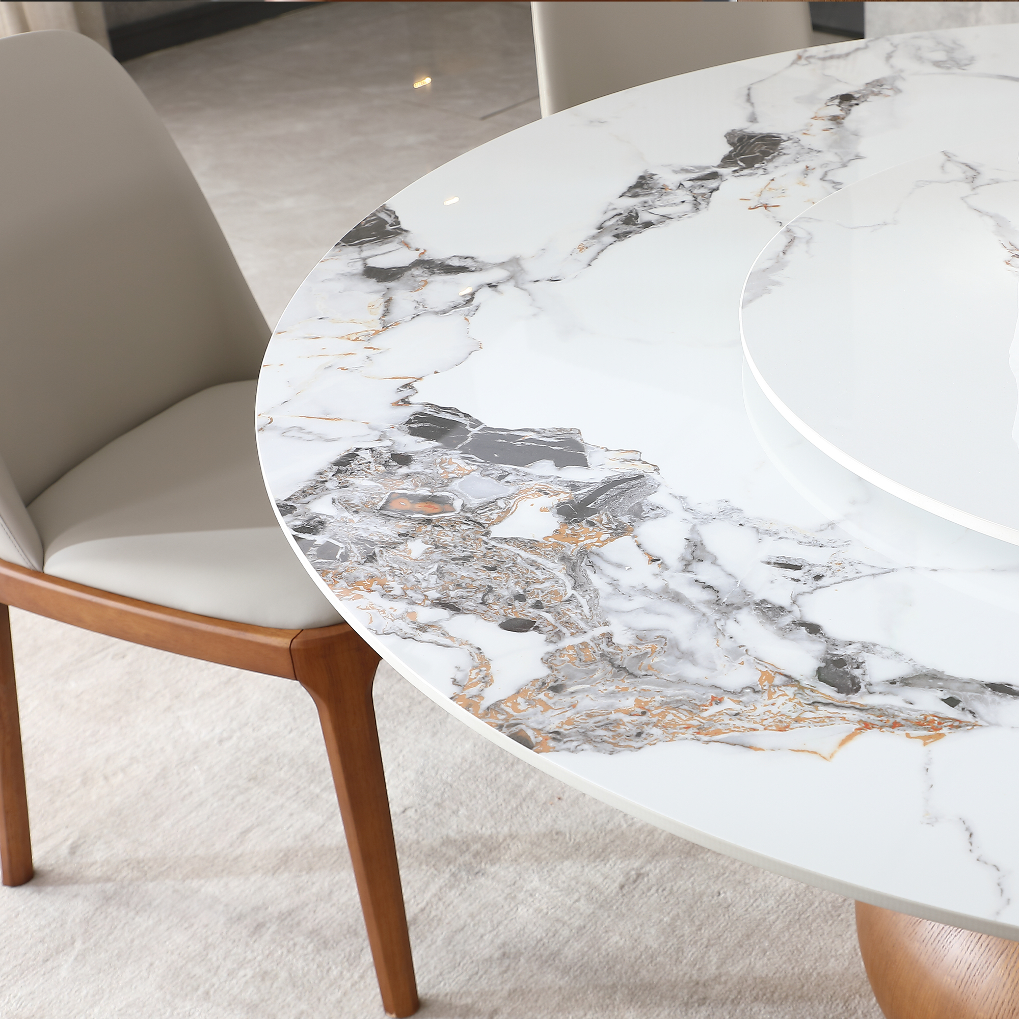 59" Round Sintered Stone Dining Table Set with Lazy Susan, Modern Marble Kitchen Table & 6 Upholstered Chairs, Luxury Pedestal Base for Dining Room
