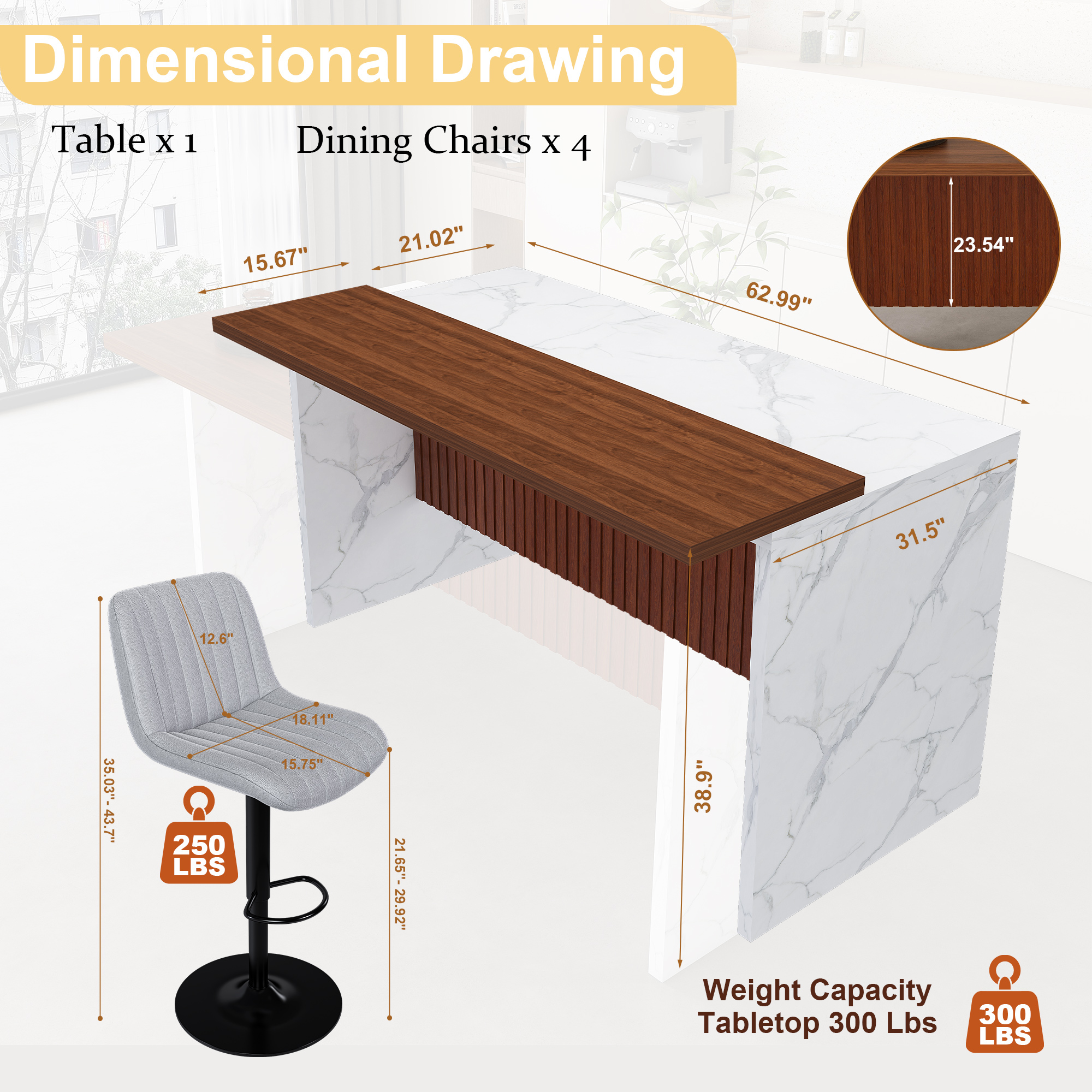 63" Modern Kitchen Island Set with LED Lighting & Marble Top - 4-Piece Dining Table with Gray Bar Stools for Open Concept Spaces