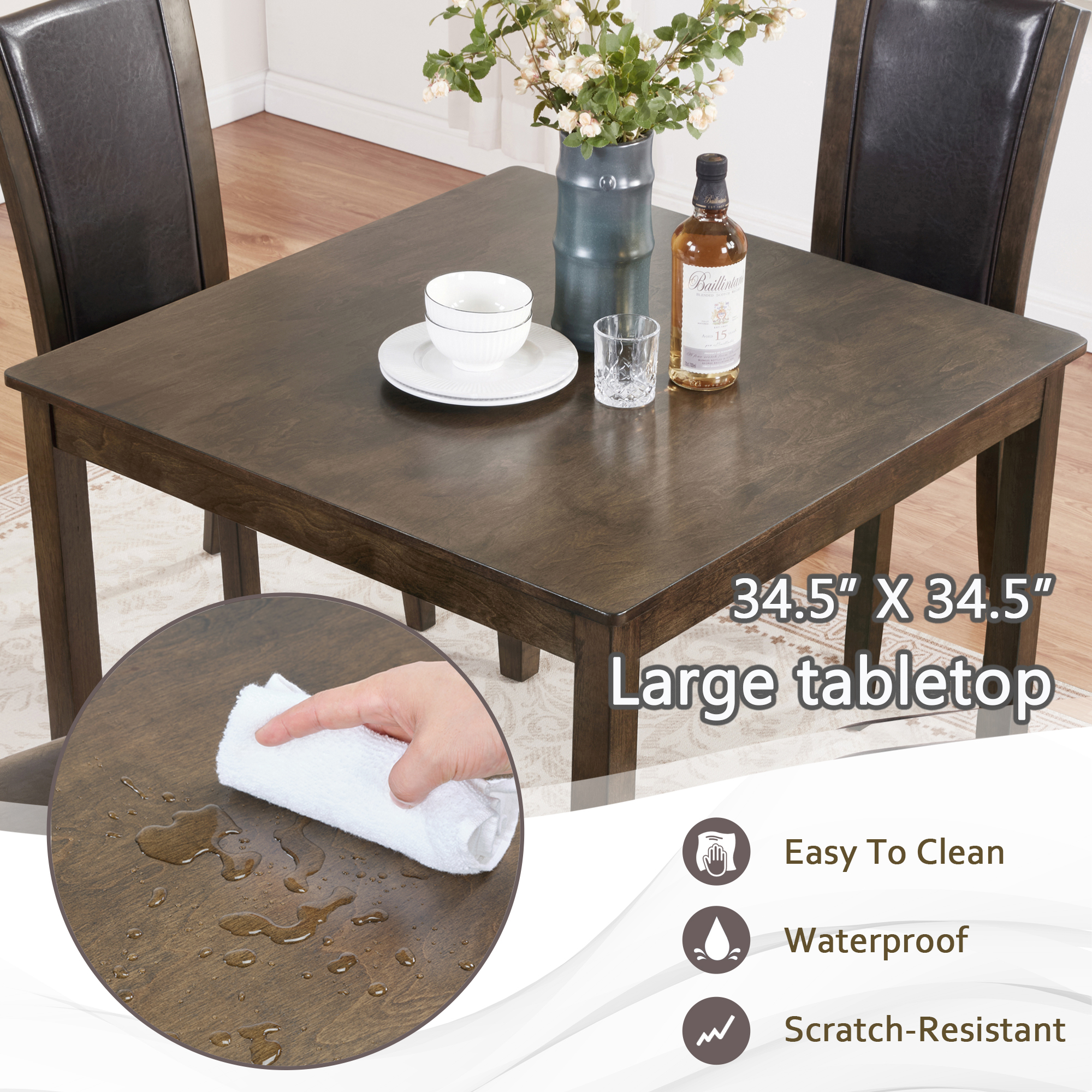 Rustic Farmhouse 5-Piece Dining Table Set with 4 Chairs - Dark Walnut Square Kitchen Table for Small Spaces