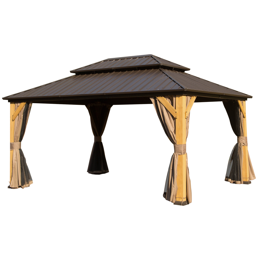 10x14 FT Cedar Wood Hardtop Gazebo with Galvanized Steel Double Roof, Outdoor Pavilion with Netting & Curtains for Patio, Backyard, and Deck