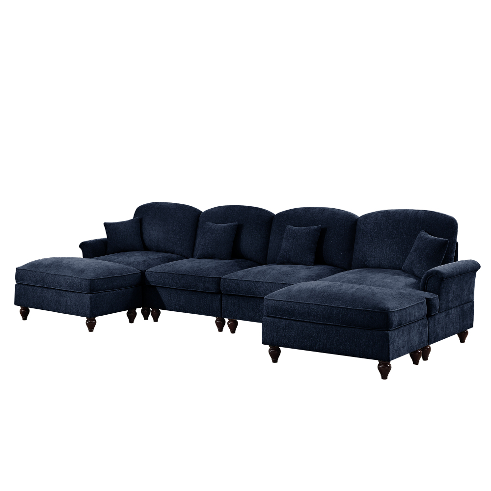 Classic Blue Chenille U-Shaped Modular Sectional Sofa with Removable Ruffled Skirt & Flared Arms