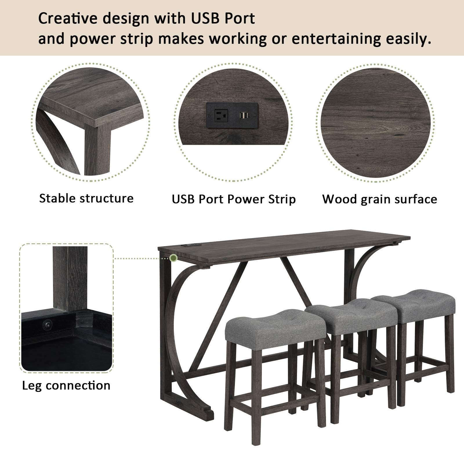 4-Piece Bar Table Set with Power Outlet & USB Ports, Dark Gray Dining Counter Height Pub Table and 3 Padded Stools for Kitchen, Living Room
