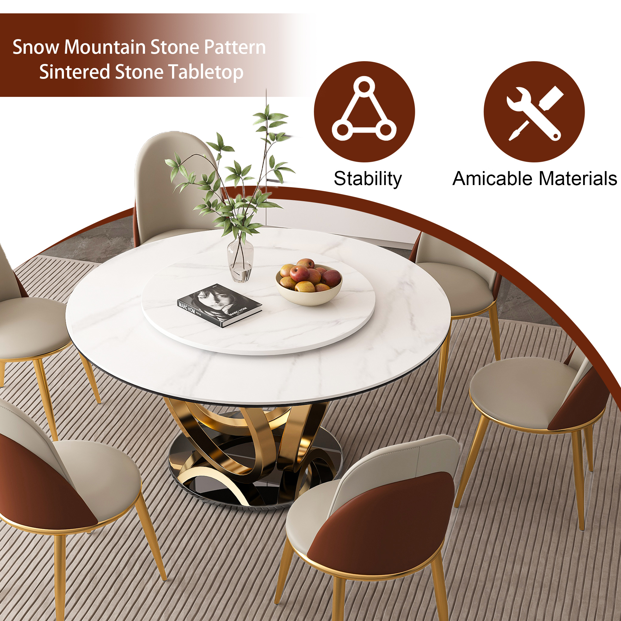 53" Round Dining Table Set with Lazy Susan - Sintered Stone Top & Gold Base, Modern 8-Person Kitchen Table