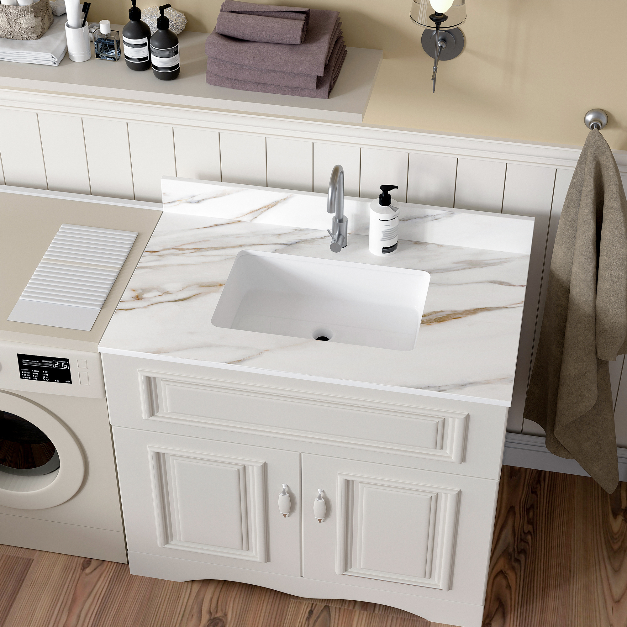 37" Sintered Stone Bathroom Vanity Top with Undermount Rectangular Sink - Carrara White Marble Countertop with 4" Backsplash