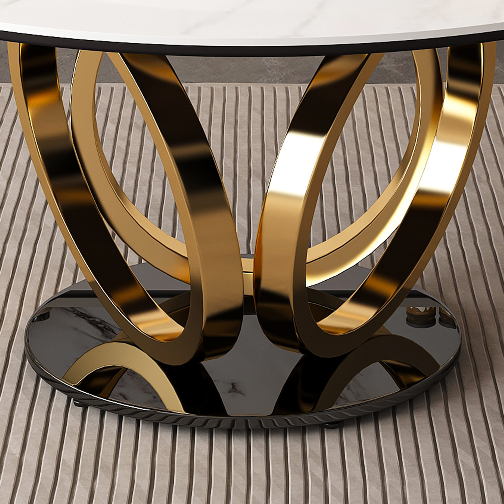 53" Round Dining Table Set with Lazy Susan - Sintered Stone Top & Gold Base, Modern 8-Person Kitchen Table