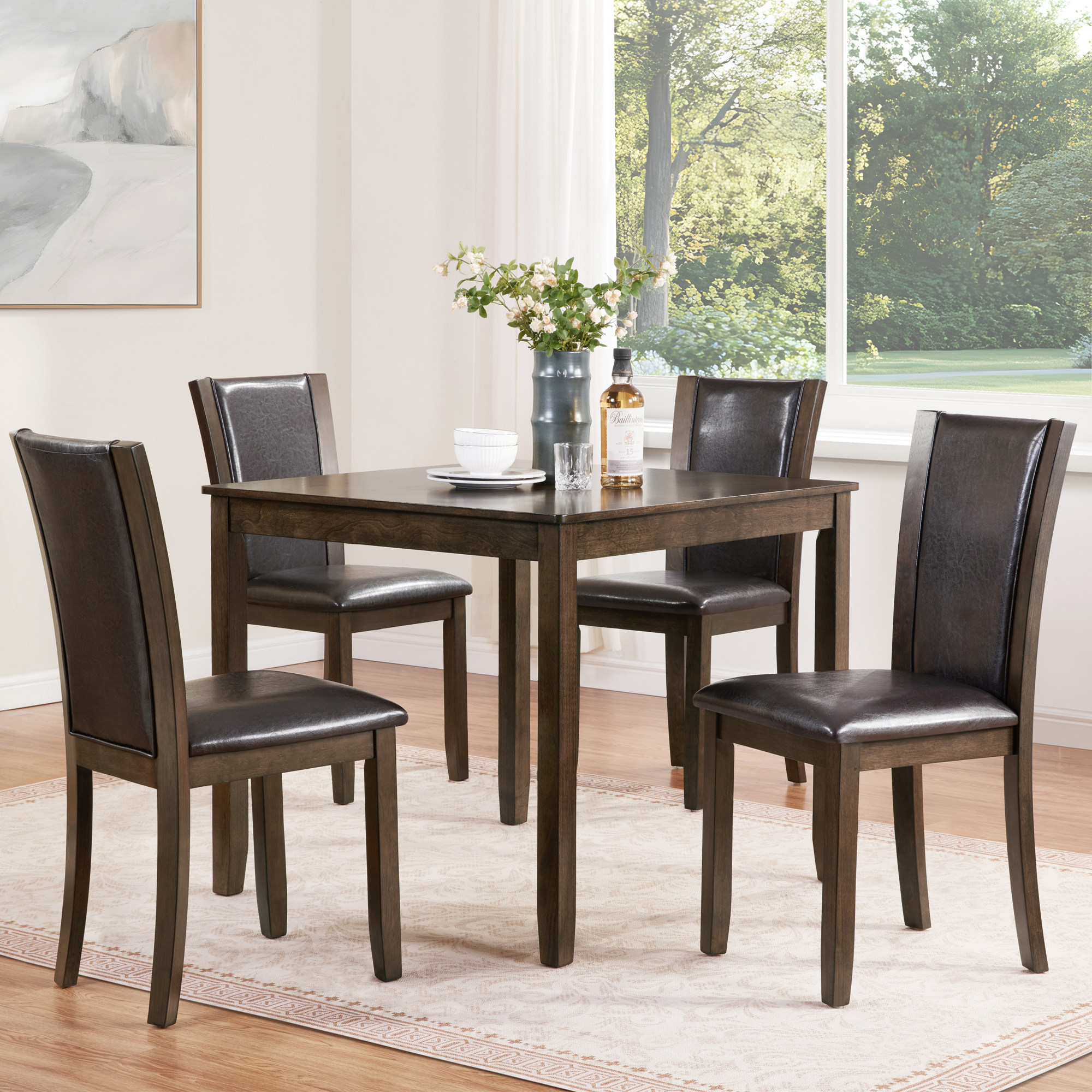Rustic Farmhouse 5-Piece Dining Table Set with 4 Chairs - Dark Walnut Square Kitchen Table for Small Spaces