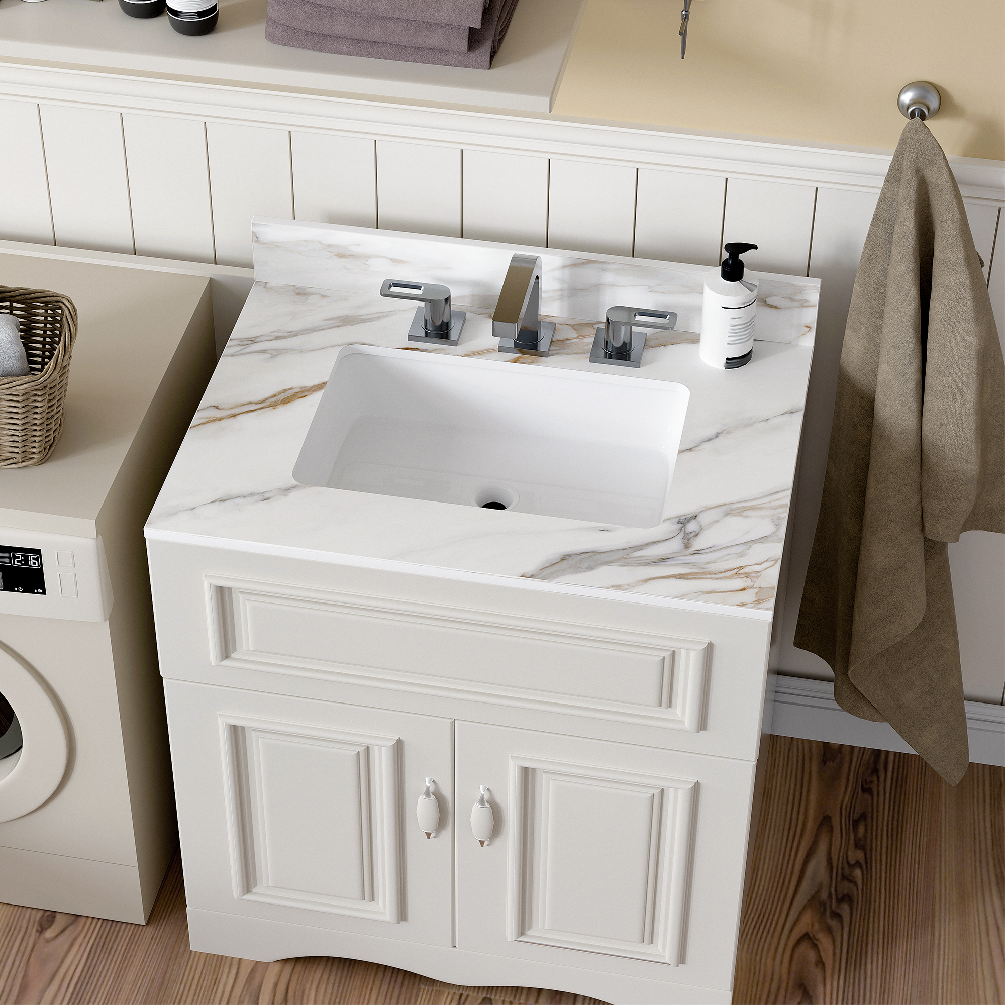 31 Inch Carrara White Sintered Stone Vanity Top with Undermount Rectangular Sink, Pre-Drilled for 8" Faucet Spread, Elegant Marble Bathroom Countertop