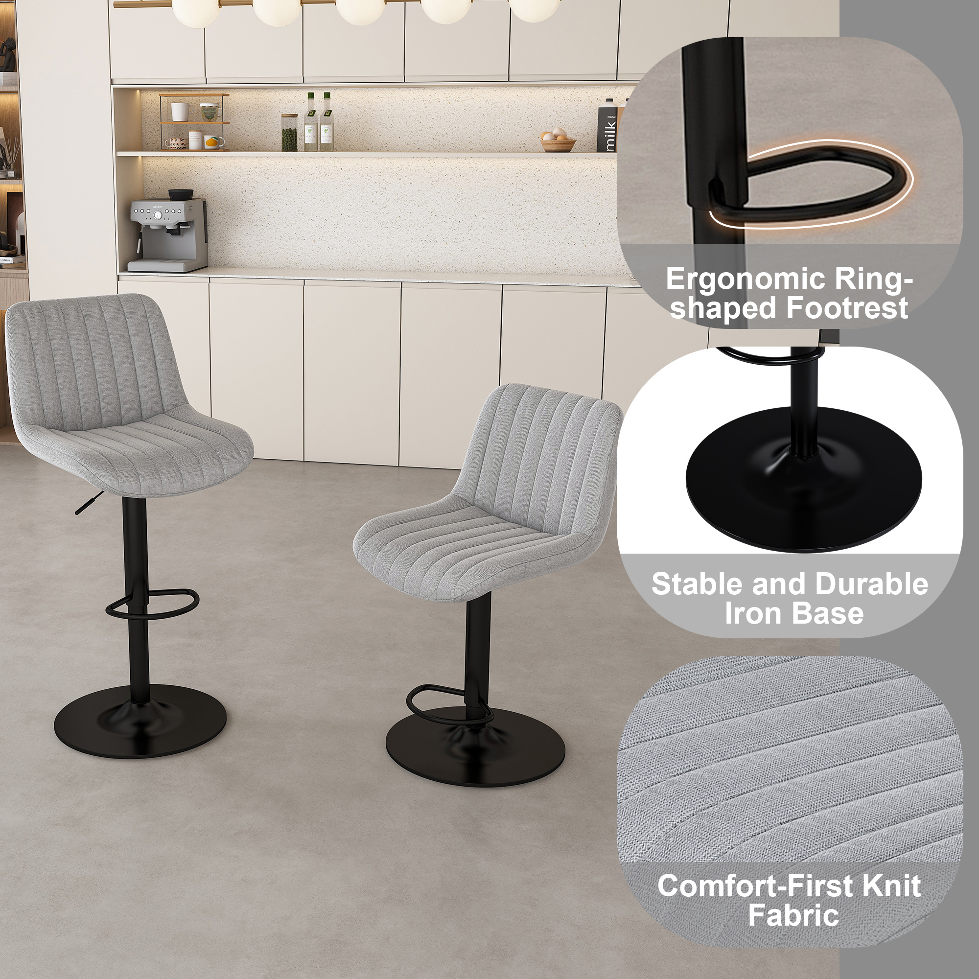 63" Modern Kitchen Island Set with LED Lighting & Marble Top - Contemporary Dining Table with Walnut Overhang, Grill Design & 2 Adjustable Gray Bar Stools for Open Concept Spaces