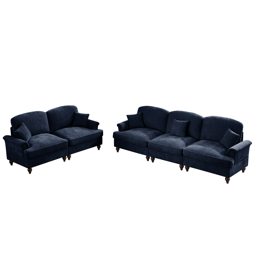 Classic Blue Chenille Modular Sofa Set with Removable Ruffle Skirts - Elegant 3-Seater & Loveseat Living Room Furniture
