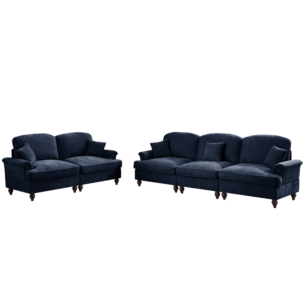 Classic Blue Chenille Modular Sofa Set with Removable Ruffle Skirts - Elegant 3-Seater & Loveseat Living Room Furniture