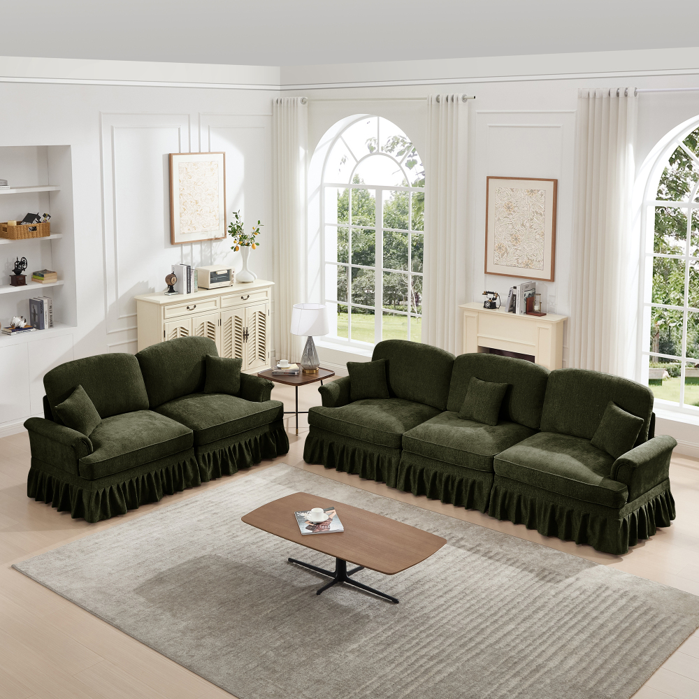 Classic Green Chenille Modular Sofa Set with Removable Ruffle Skirts, Flared Arms & Spindle Legs - 3-Seater Sectional Couch for Living Room