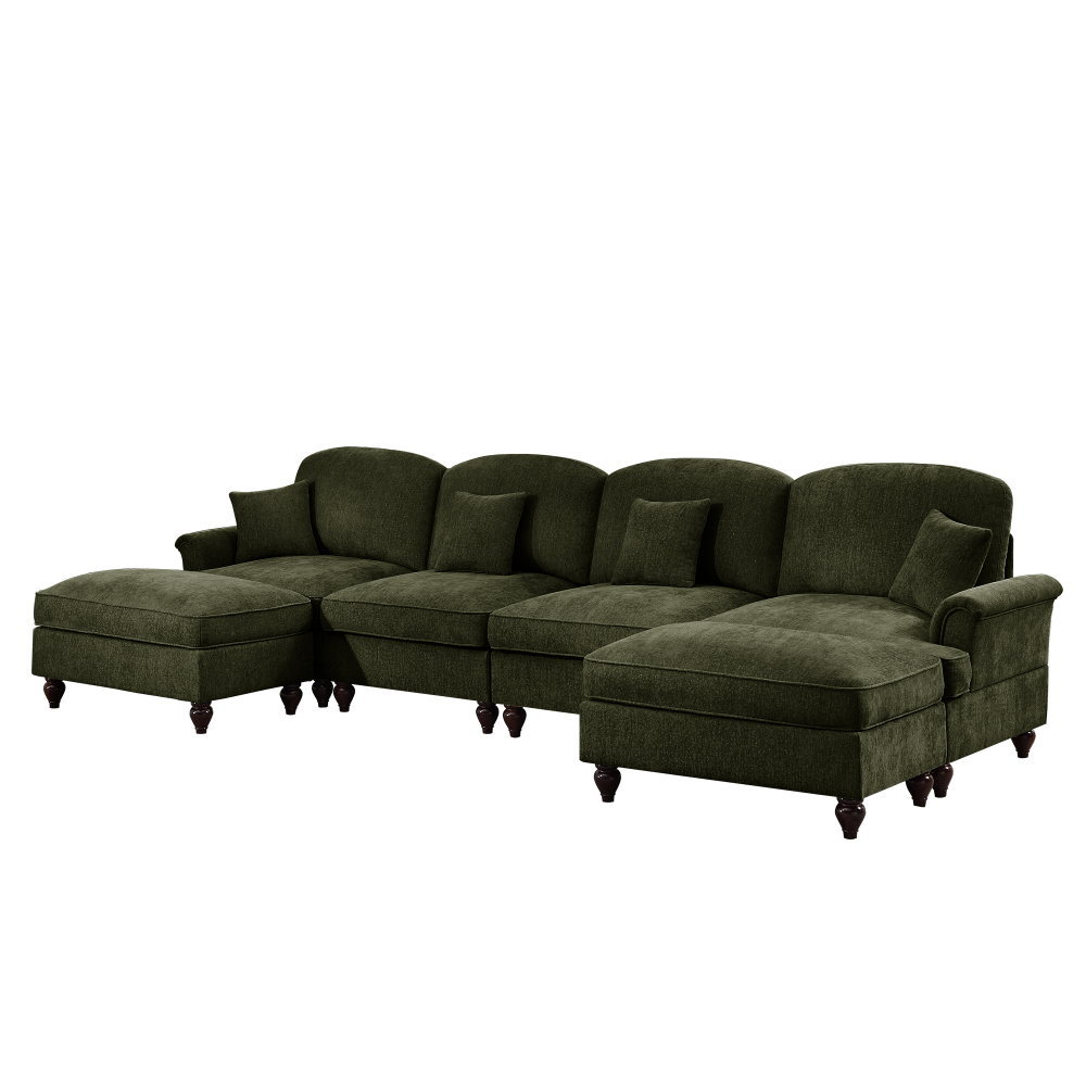 Classic Green Chenille U-Shaped Modular Sectional Sofa with Removable Ruffle Skirt & Flared Arms