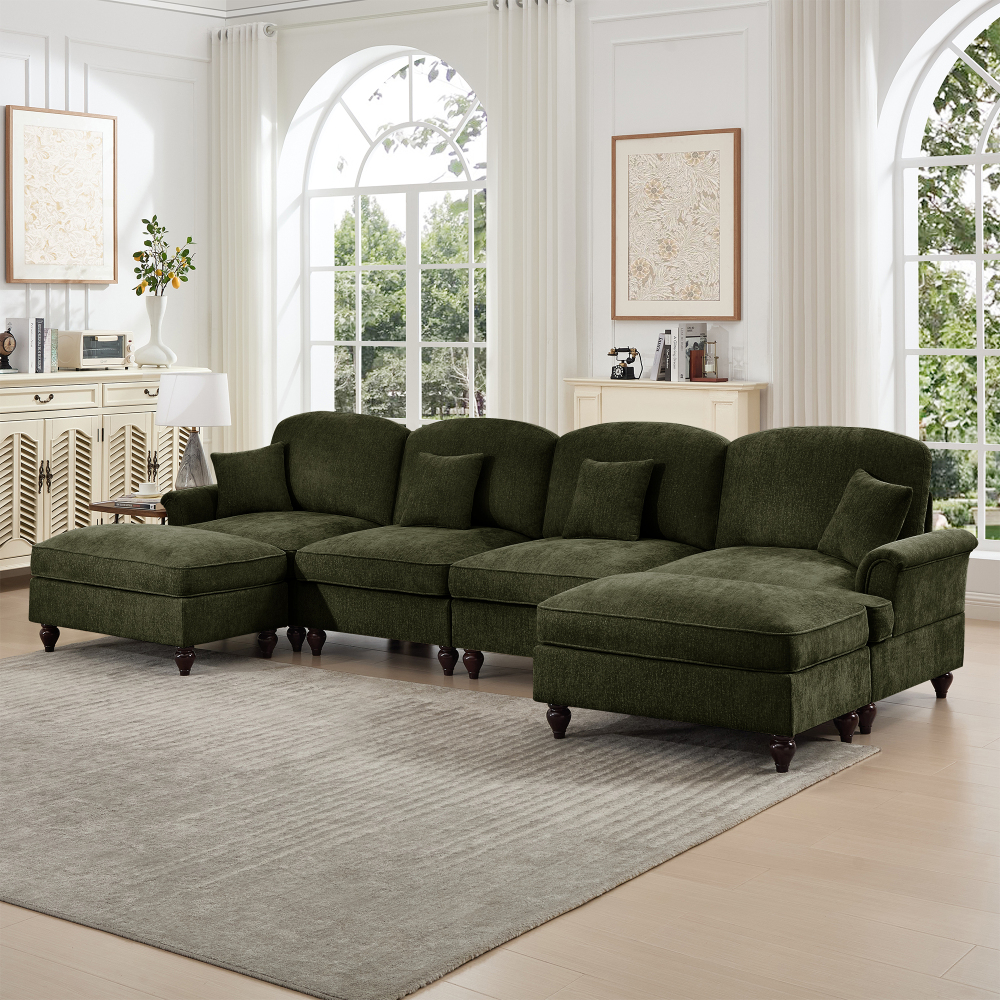 Classic Green Chenille U-Shaped Modular Sectional Sofa with Removable Ruffle Skirt & Flared Arms