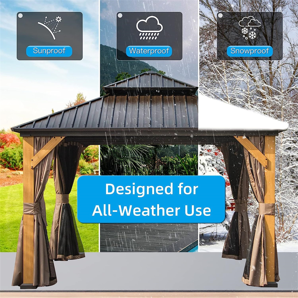 12'x12' Hardtop Gazebo with Cedar Wood Frame & Galvanized Steel Roof, Permanent Outdoor Patio Pavilion with Privacy Curtains & Bug Netting