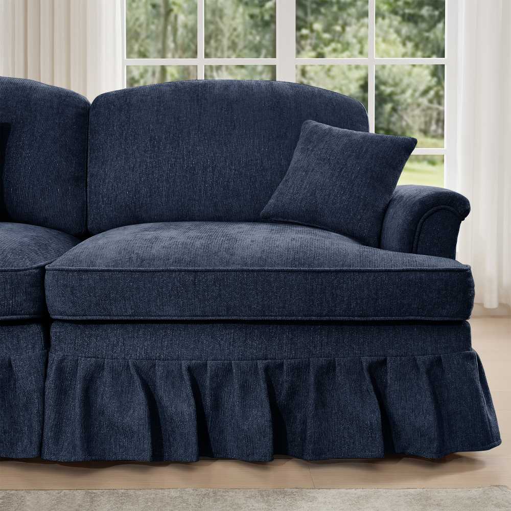 Classic Blue Chenille Modular Sofa Set with Removable Ruffle Skirts - Elegant 3-Seater & Loveseat Living Room Furniture