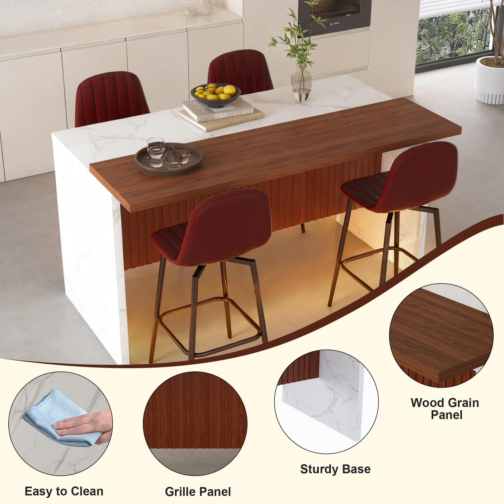 63" Modern Kitchen Island with LED Lighting & Marble Top - 4 Dark Brown Bar Stools Set for Open Concept Dining