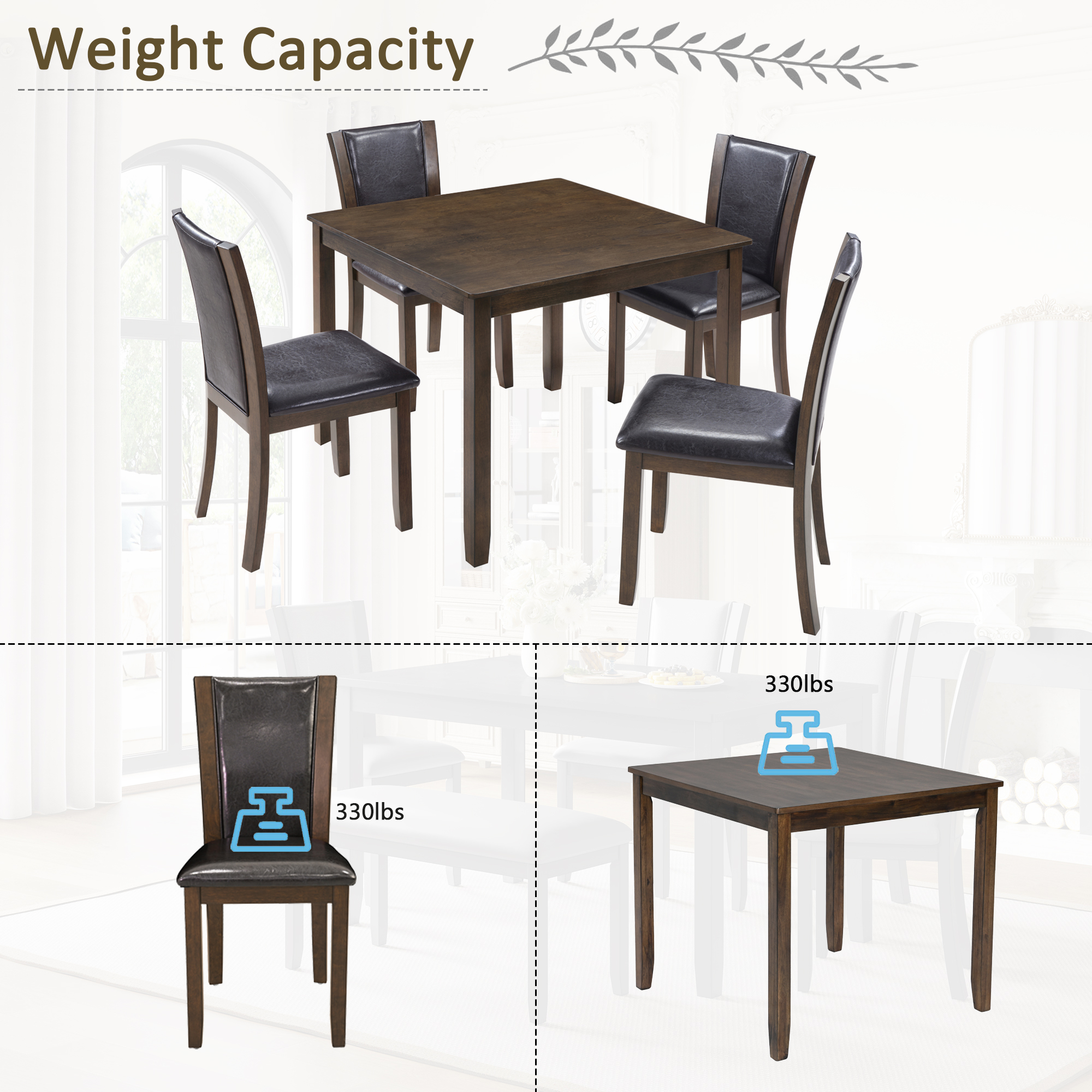 Rustic Farmhouse 5-Piece Dining Table Set with 4 Chairs - Dark Walnut Square Kitchen Table for Small Spaces