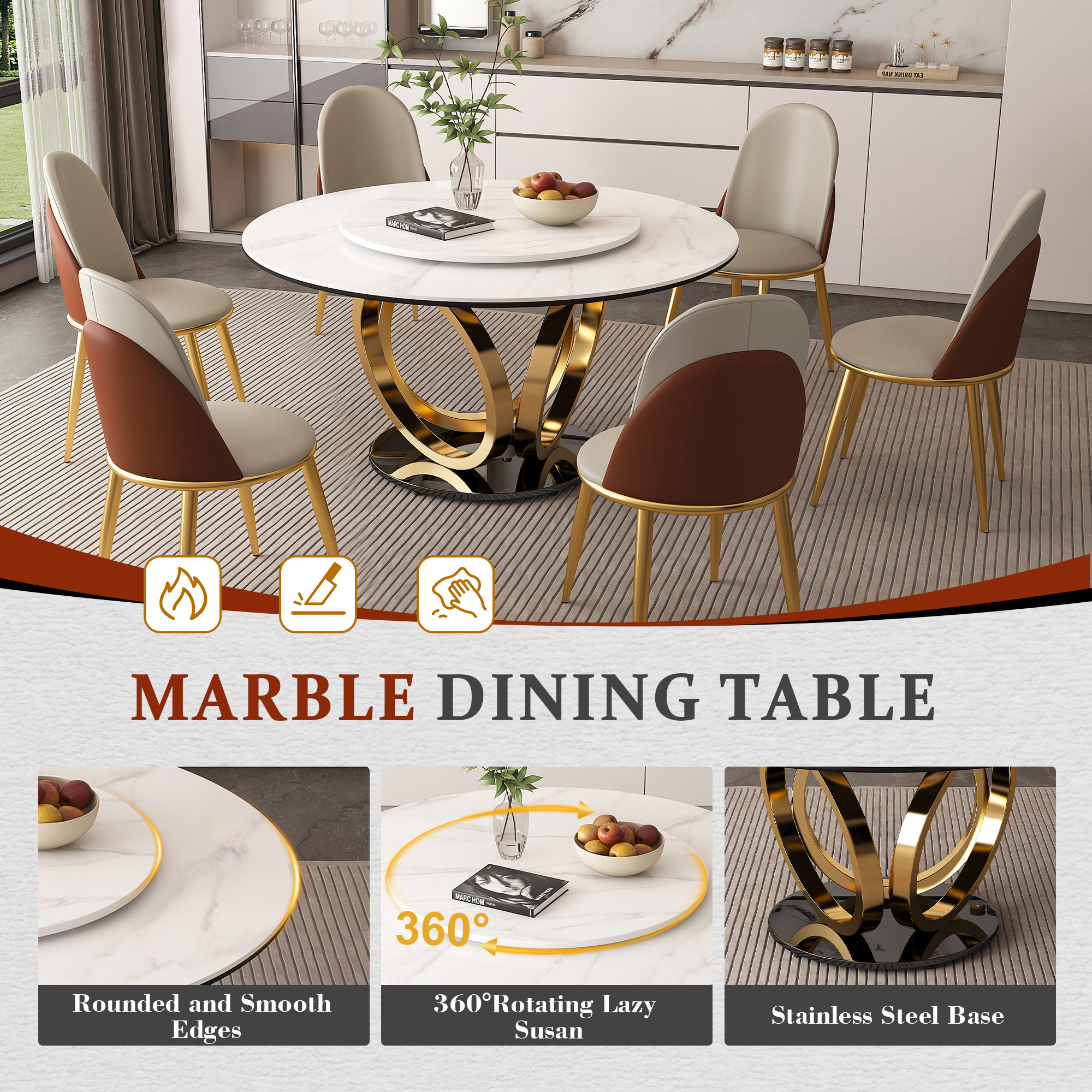 53" Round Dining Table Set with Lazy Susan - Sintered Stone Top & Gold Base, Modern 8-Person Kitchen Table