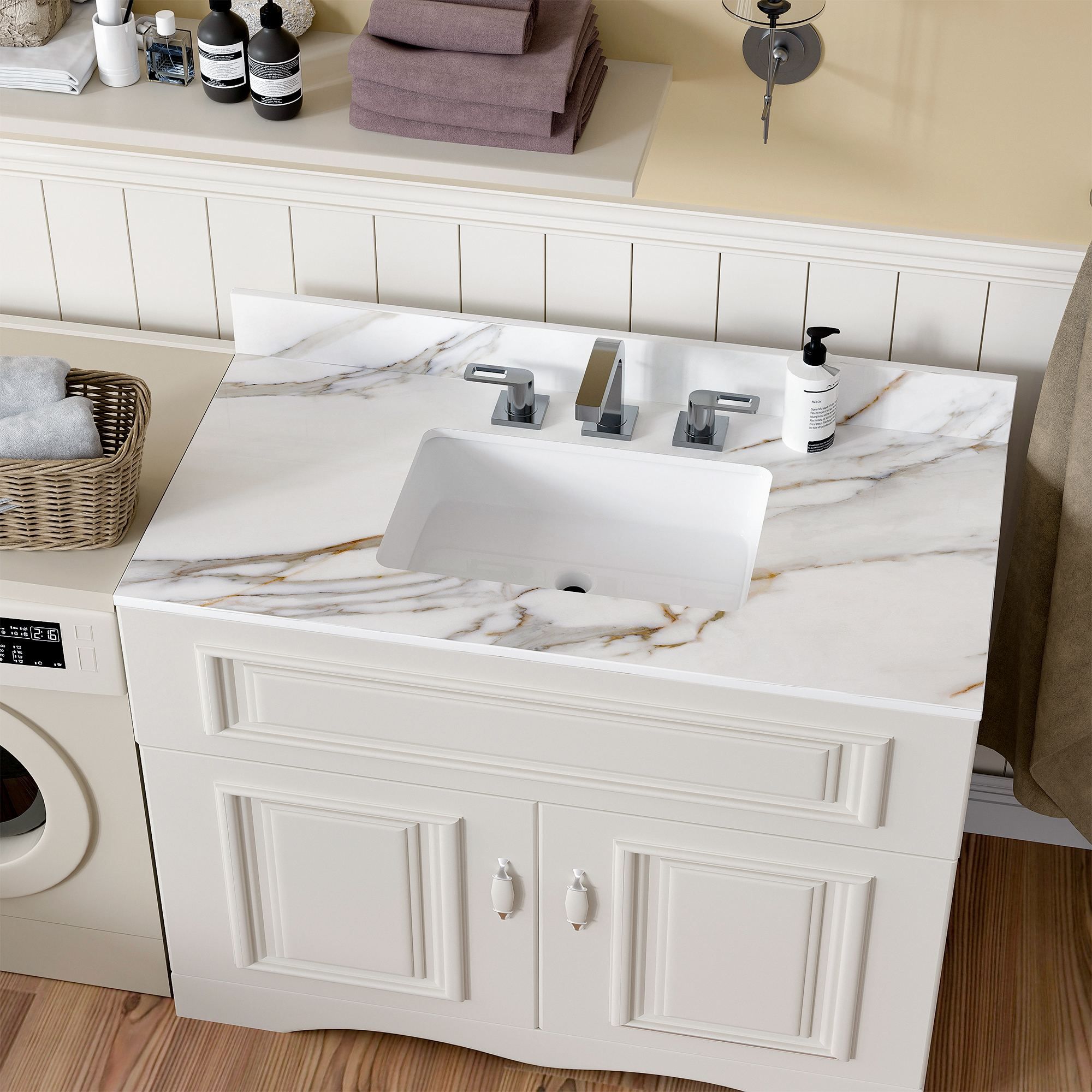 43 Inch Sintered Stone Vanity Top with Undermount Rectangular Sink, Carrara White Marble Bathroom Countertop with 4-Inch Backsplash & Pre-Drilled Faucet Holes