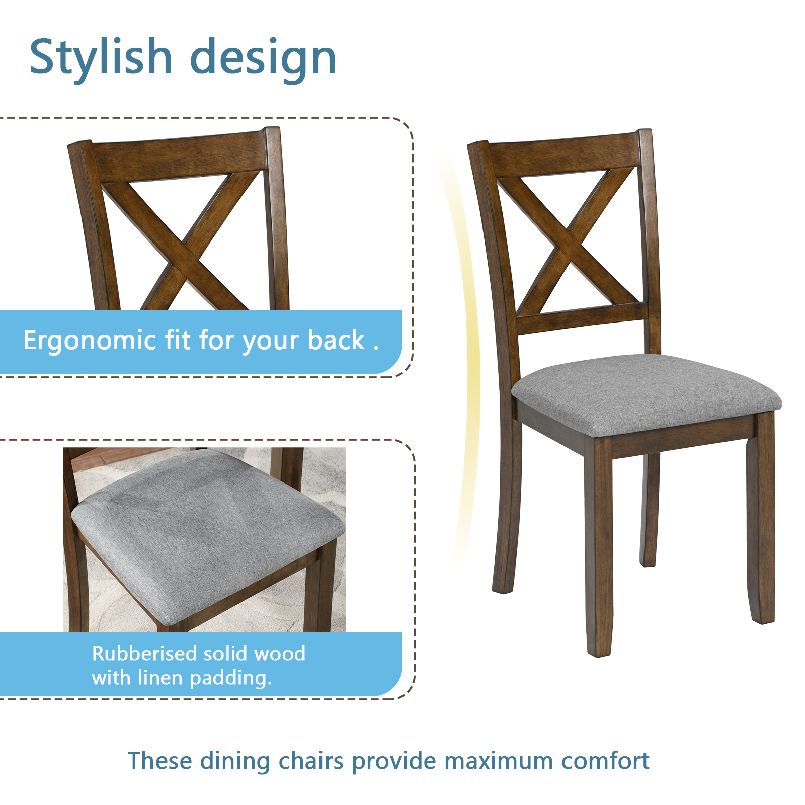 Modern 5-Piece Square Dining Table Set for 4, Walnut Finish Wood Kitchen Table with 4 Upholstered Cross-Back Chairs