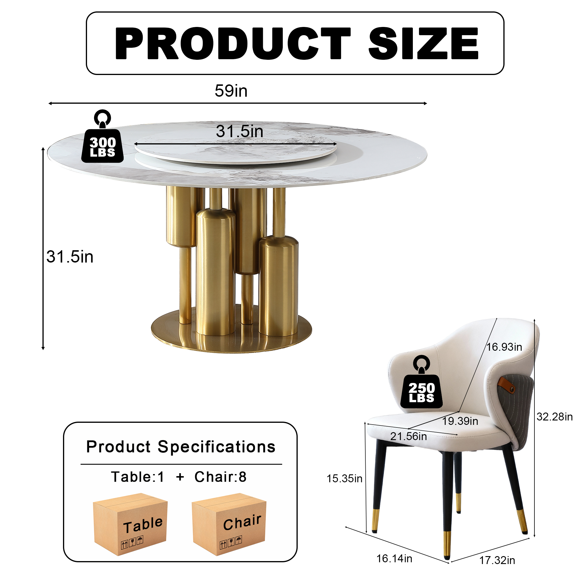 59" Round Dining Table Set with Lazy Susan & 8 Chairs, Luxury Sintered Stone Kitchen Table with Gold Base