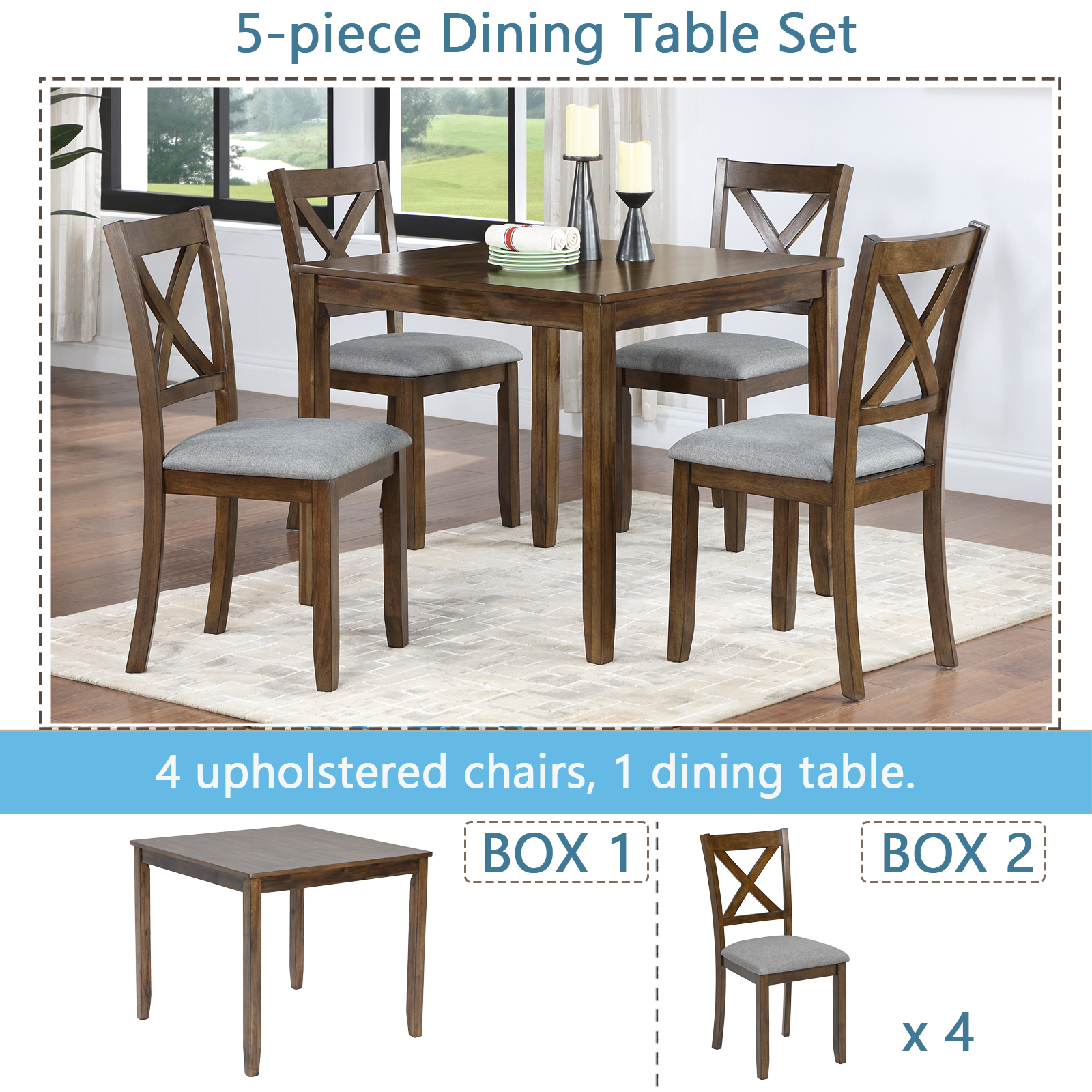 Modern 5-Piece Square Dining Table Set for 4, Walnut Finish Wood Kitchen Table with 4 Upholstered Cross-Back Chairs