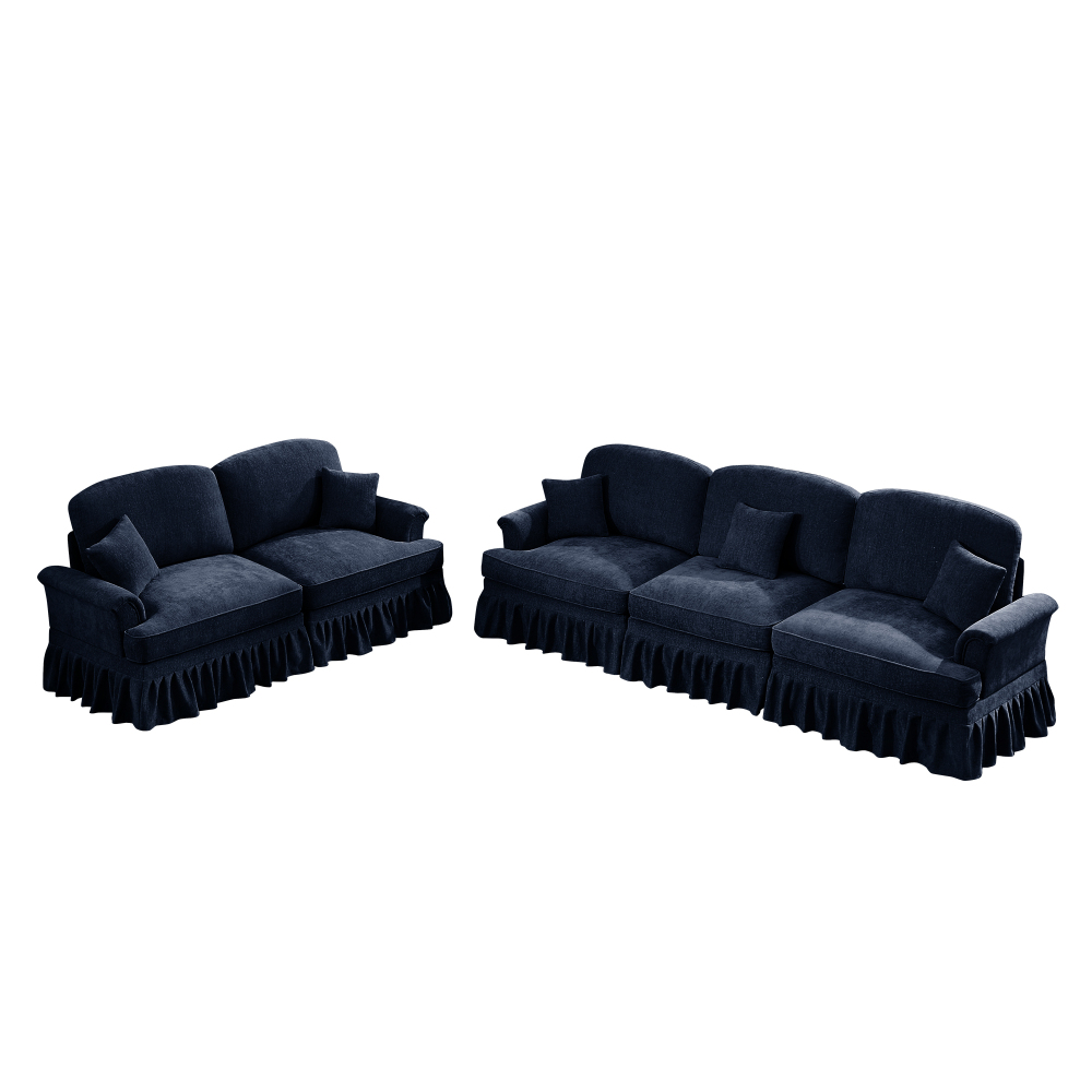Classic Blue Chenille Modular Sofa Set with Removable Ruffle Skirts - Elegant 3-Seater & Loveseat Living Room Furniture
