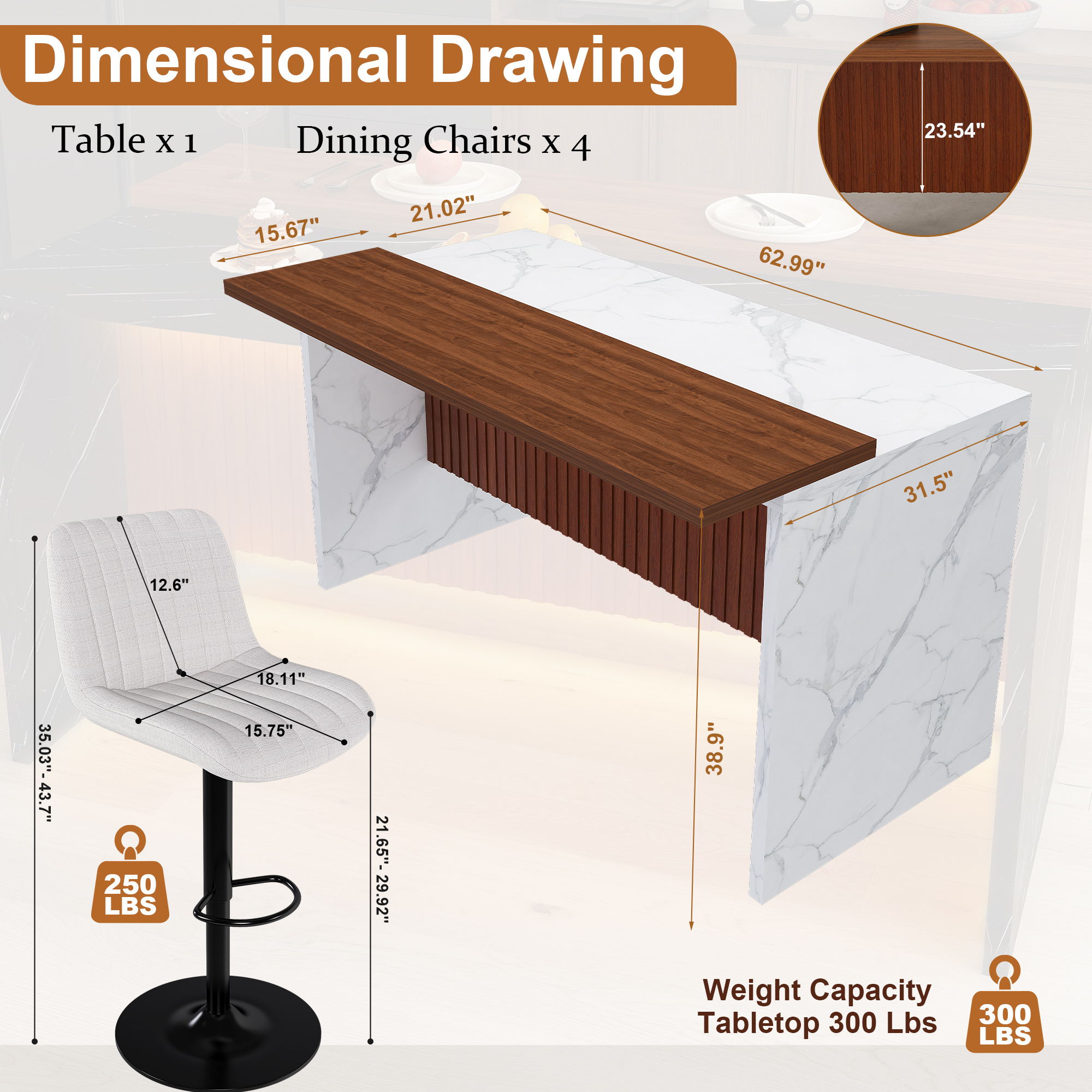 63" Modern Kitchen Island Set with LED Lighting & 4 Beige Bar Stools - White Marble Look Dining Table for Open Concept Spaces