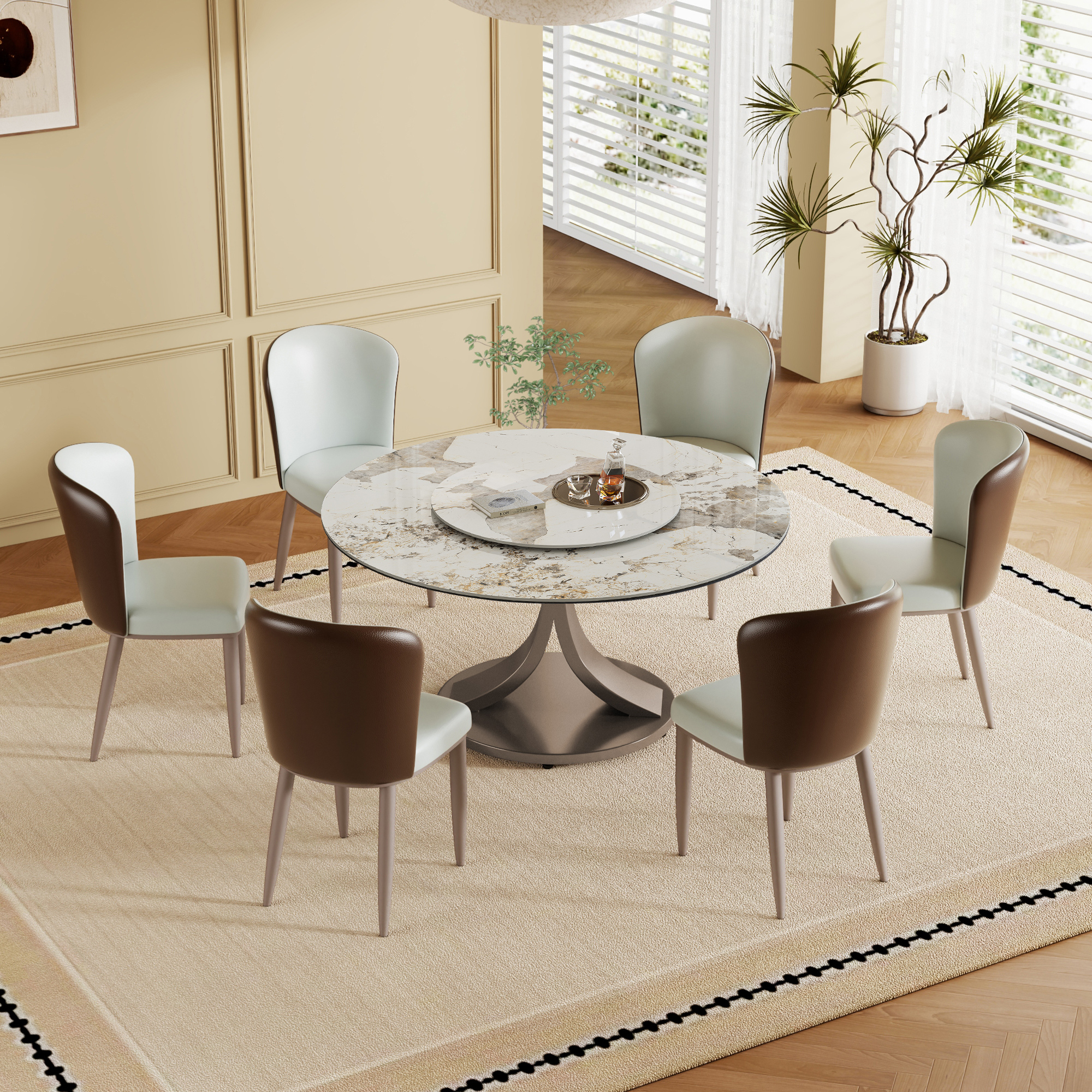 59" Round Dining Table Set with Rotating Lazy Susan - Scratch & Heat Resistant Sintered Stone Top, Stainless Steel Base, Modern Luxury Kitchen Furniture for 4-8 People