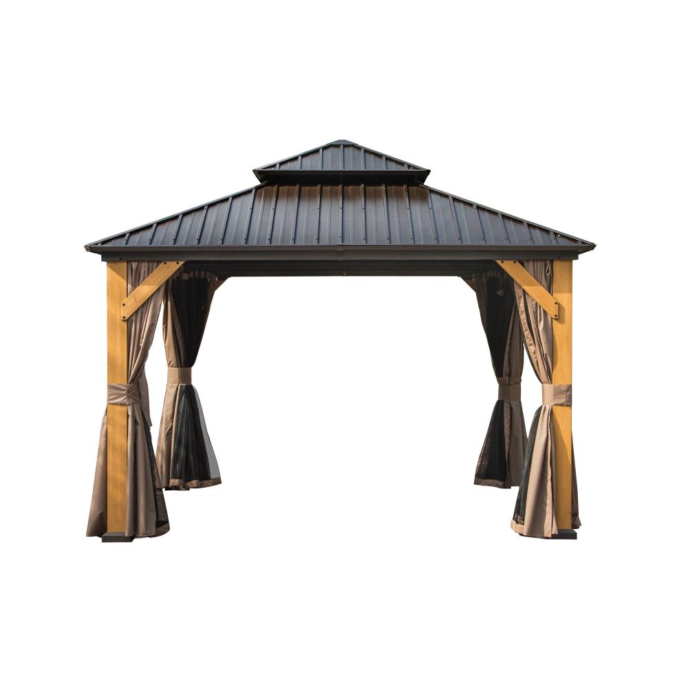 12'x12' Hardtop Gazebo with Cedar Wood Frame & Galvanized Steel Roof, Permanent Outdoor Patio Pavilion with Privacy Curtains & Bug Netting