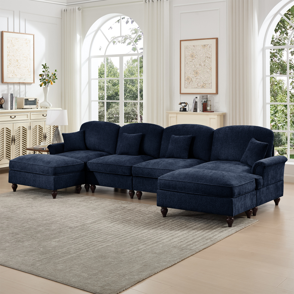 Classic Blue Chenille U-Shaped Modular Sectional Sofa with Removable Ruffled Skirt & Flared Arms