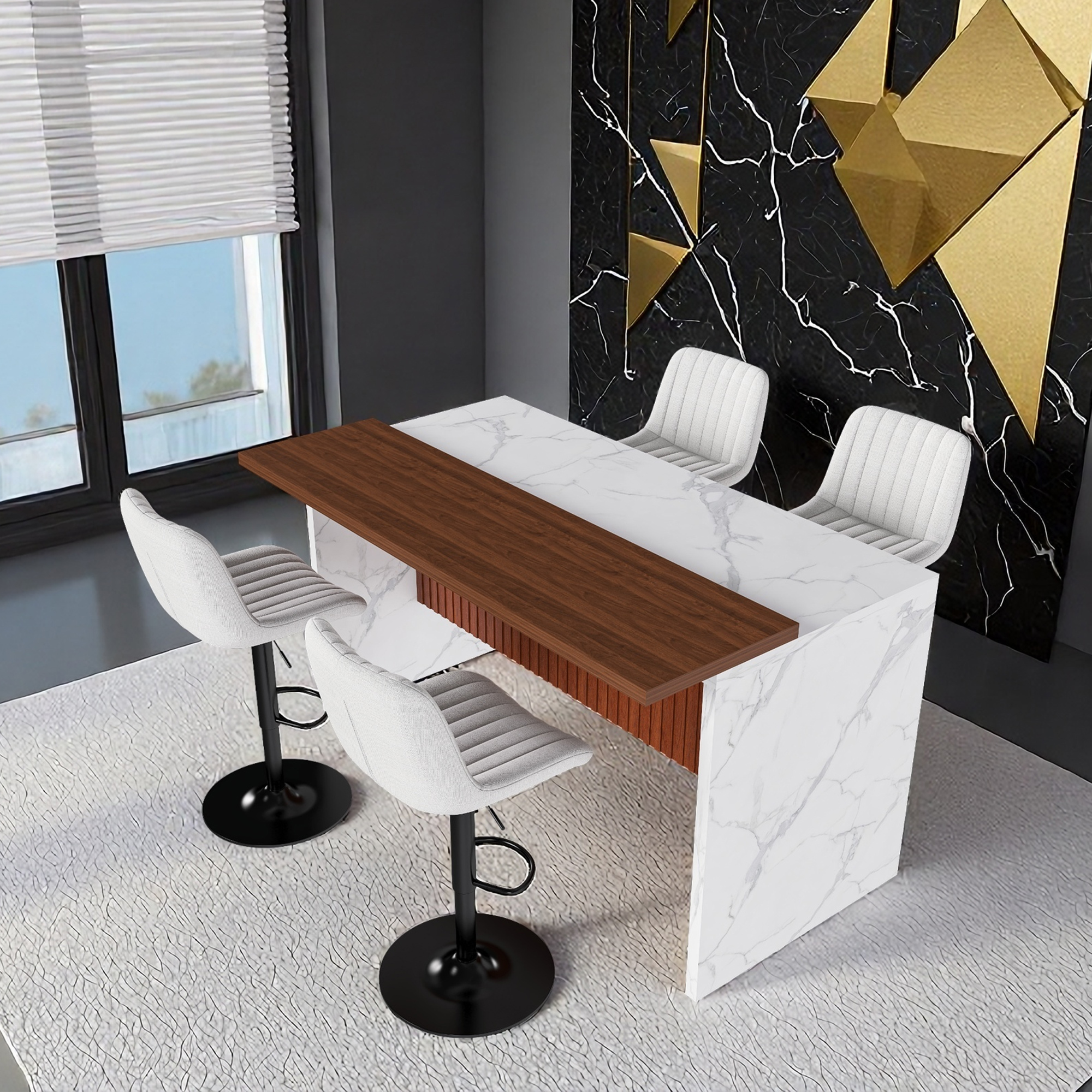 63" Modern Kitchen Island Set with LED Lighting & 4 Beige Bar Stools - White Marble Look Dining Table for Open Concept Spaces