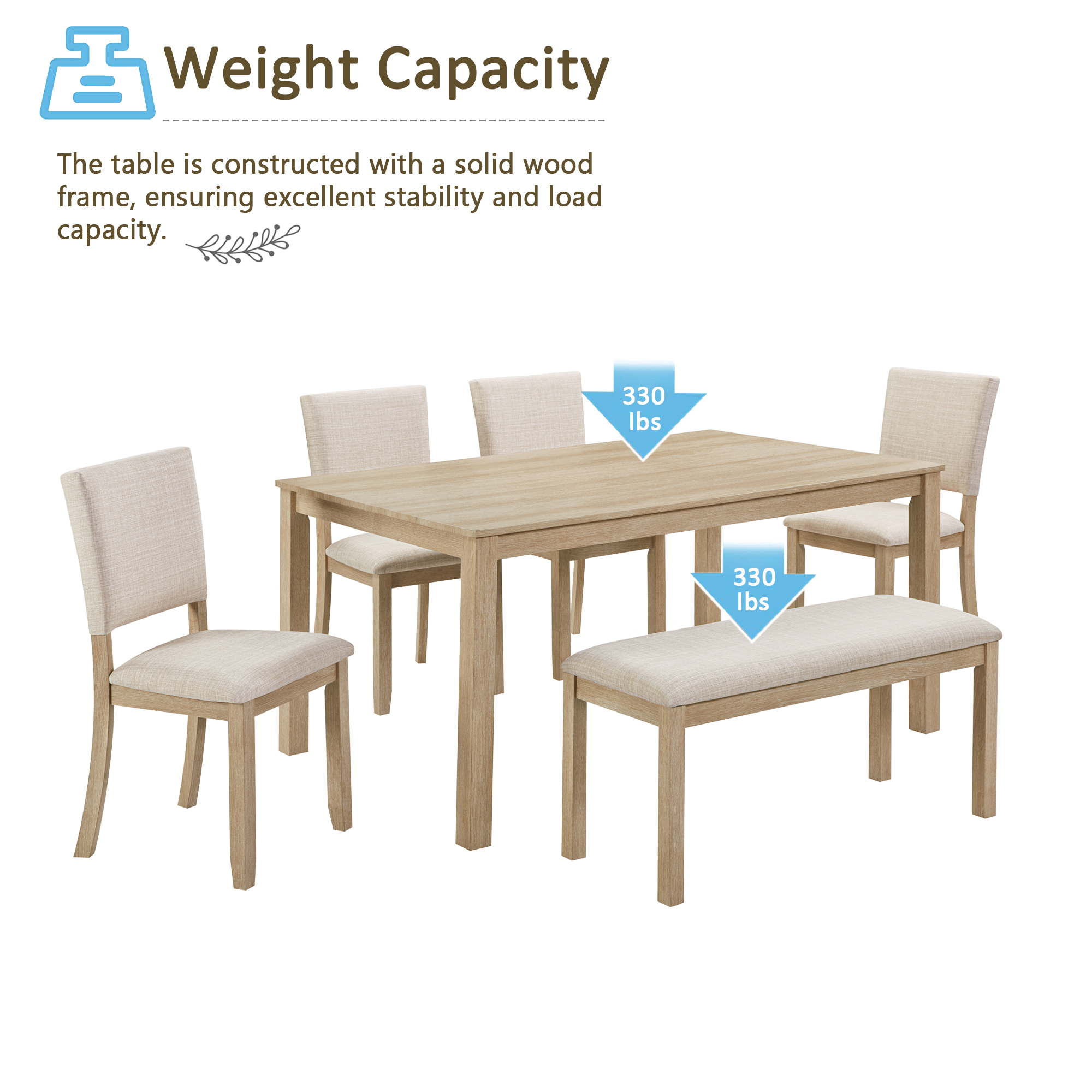 Modern 6-Piece Dining Set with Bench & 4 Chairs - Light Oak Rectangular Kitchen Table Ensemble