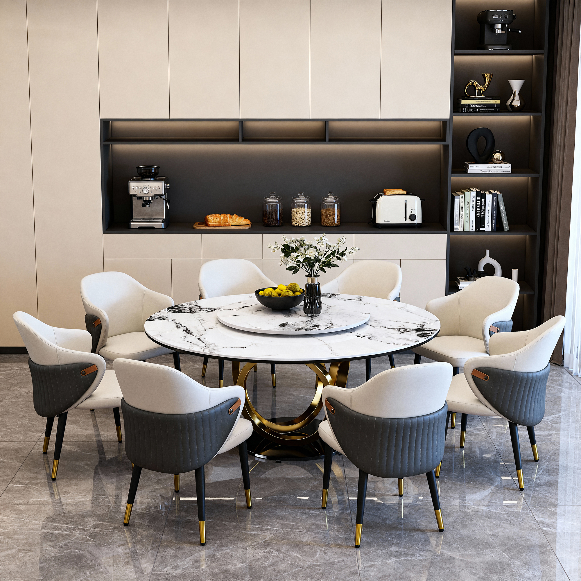 59" Round Dining Table Set with 360° Rotating Lazy Susan - Modern Sintered Stone Marble Top Kitchen Table for 6