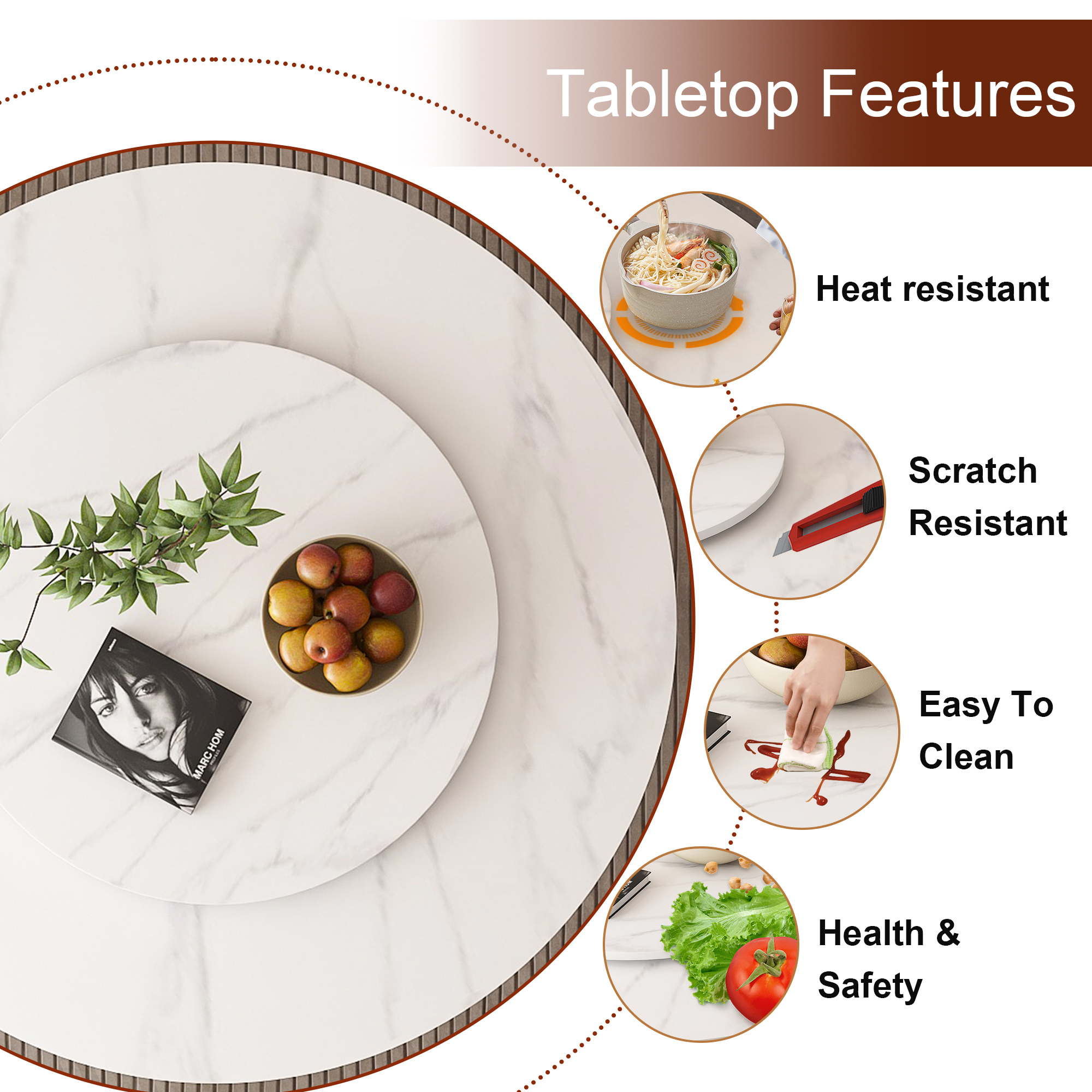 53" Round Dining Table Set with Lazy Susan - Sintered Stone Top & Gold Base, Modern 8-Person Kitchen Table