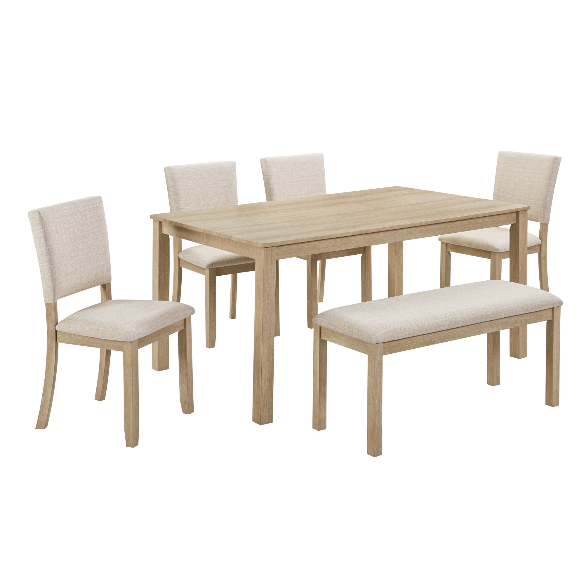 Modern 6-Piece Dining Set with Bench & 4 Chairs - Light Oak Rectangular Kitchen Table Ensemble