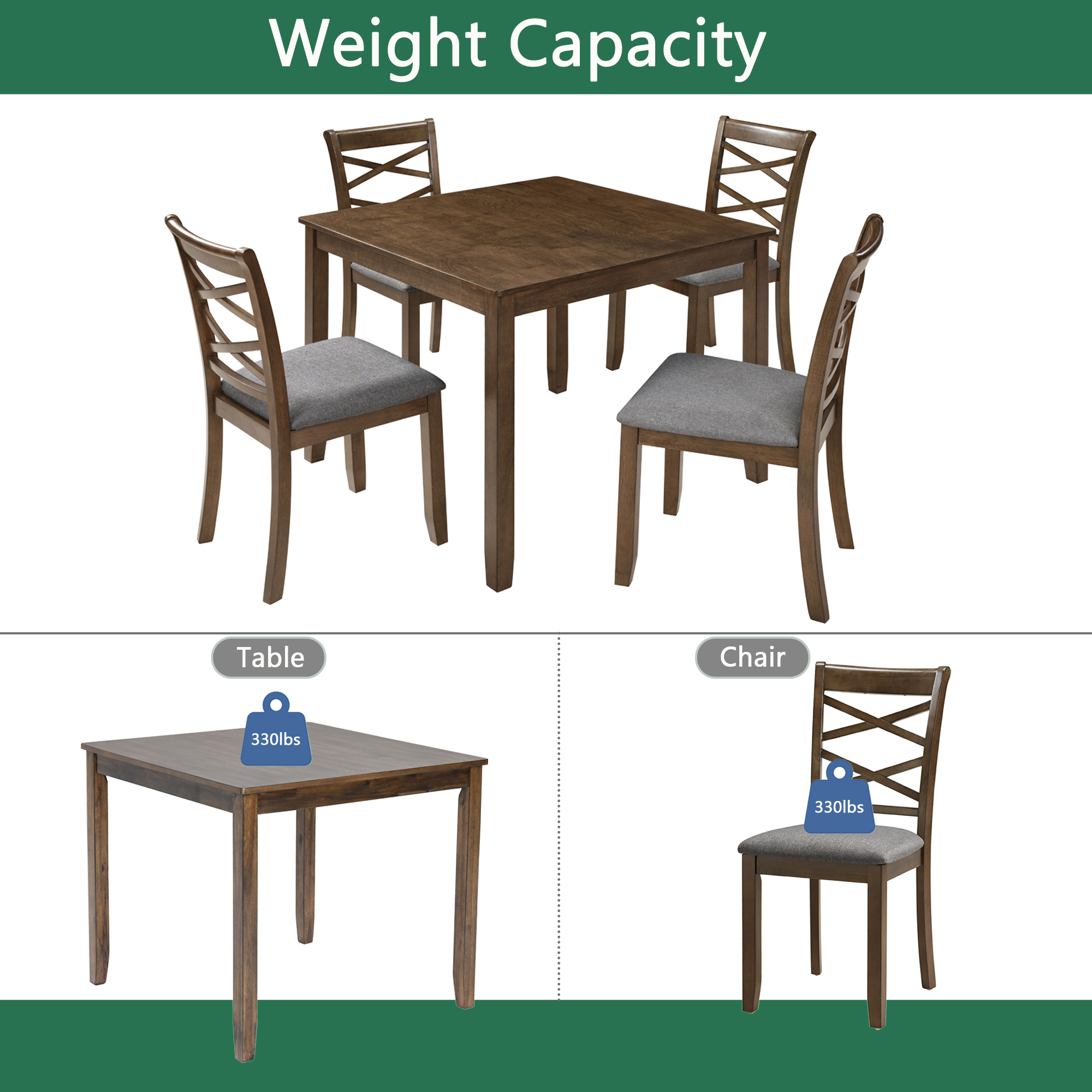 Modern 5-Piece Square Dining Table Set for 4, Walnut Finish Wood Kitchen Table with Upholstered Chairs