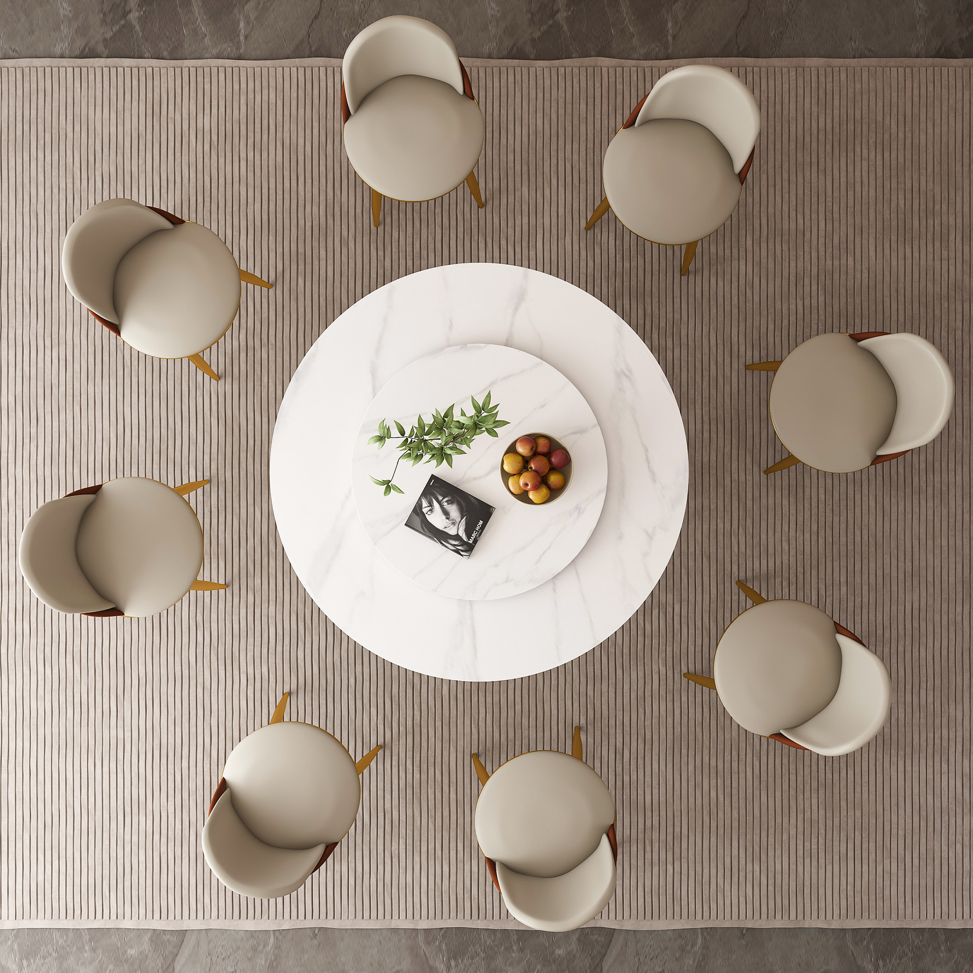 53" Round Dining Table Set with Lazy Susan - Sintered Stone Top & Gold Base, Modern 8-Person Kitchen Table