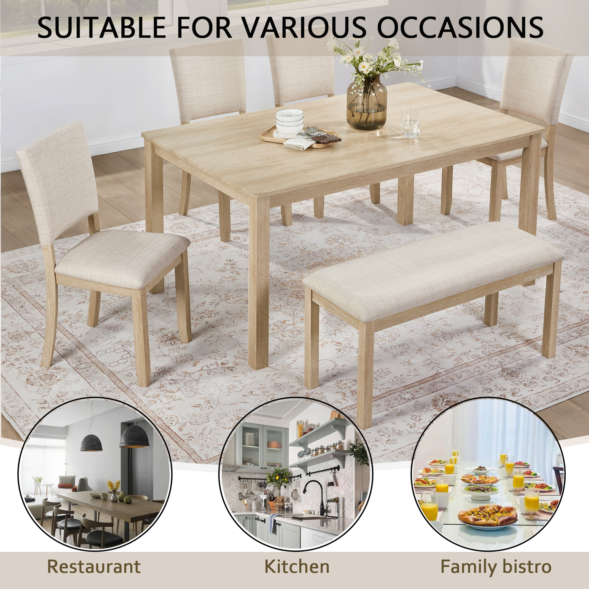Modern 6-Piece Dining Set with Bench & 4 Chairs - Light Oak Rectangular Kitchen Table Ensemble