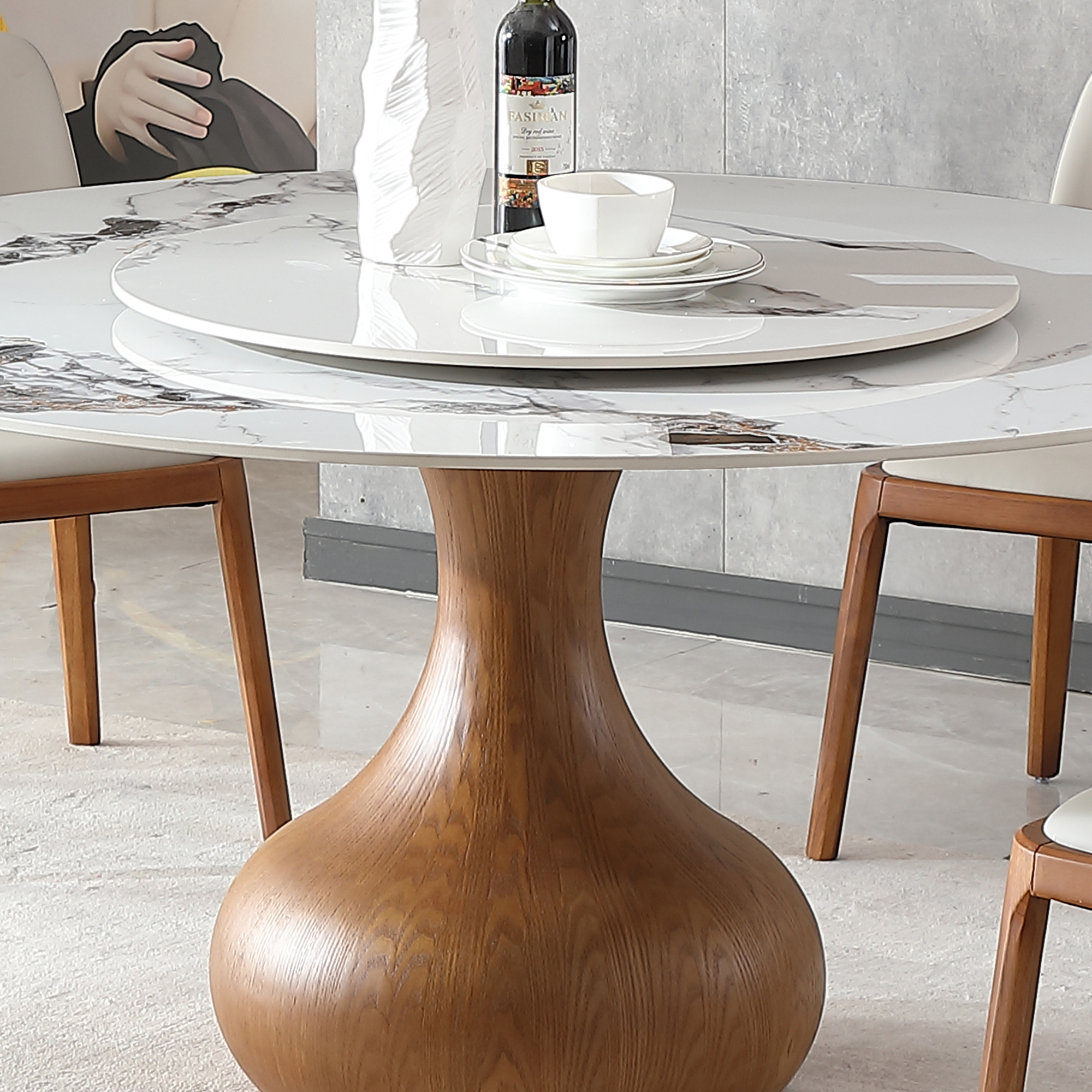 59" Round Sintered Stone Dining Table Set with Lazy Susan, Modern Marble Kitchen Table & 6 Upholstered Chairs, Luxury Pedestal Base for Dining Room