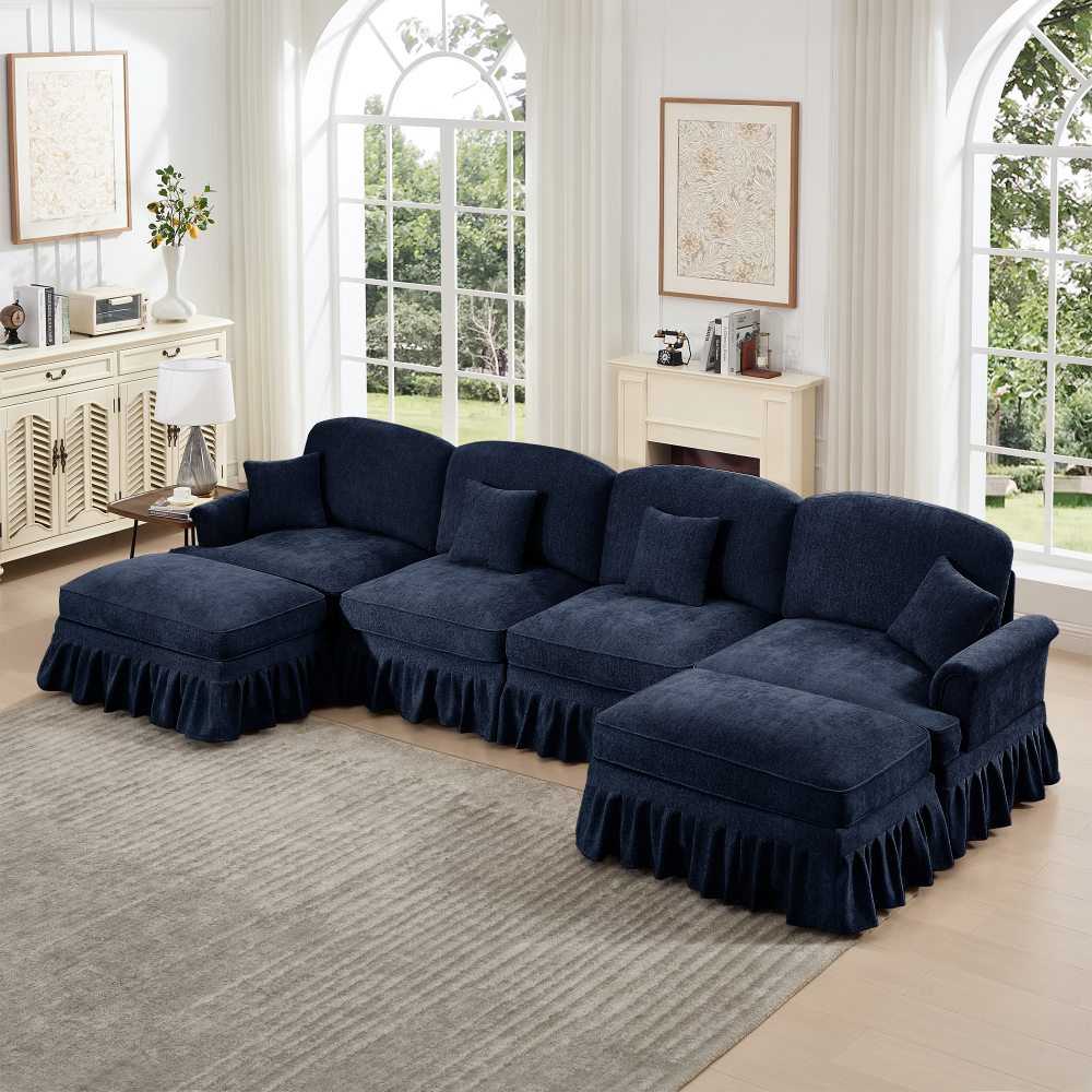 Classic Blue Chenille U-Shaped Modular Sectional Sofa with Removable Ruffled Skirt & Flared Arms