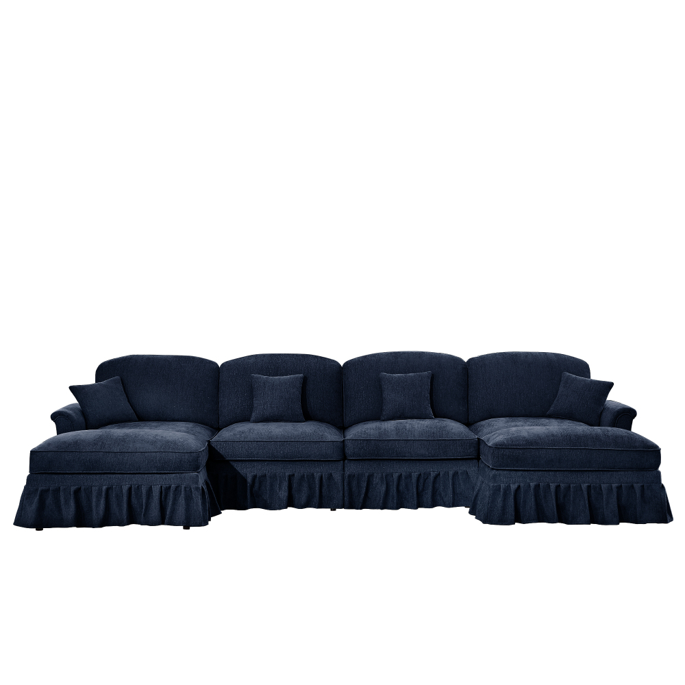 Classic Blue Chenille U-Shaped Modular Sectional Sofa with Removable Ruffled Skirt & Flared Arms