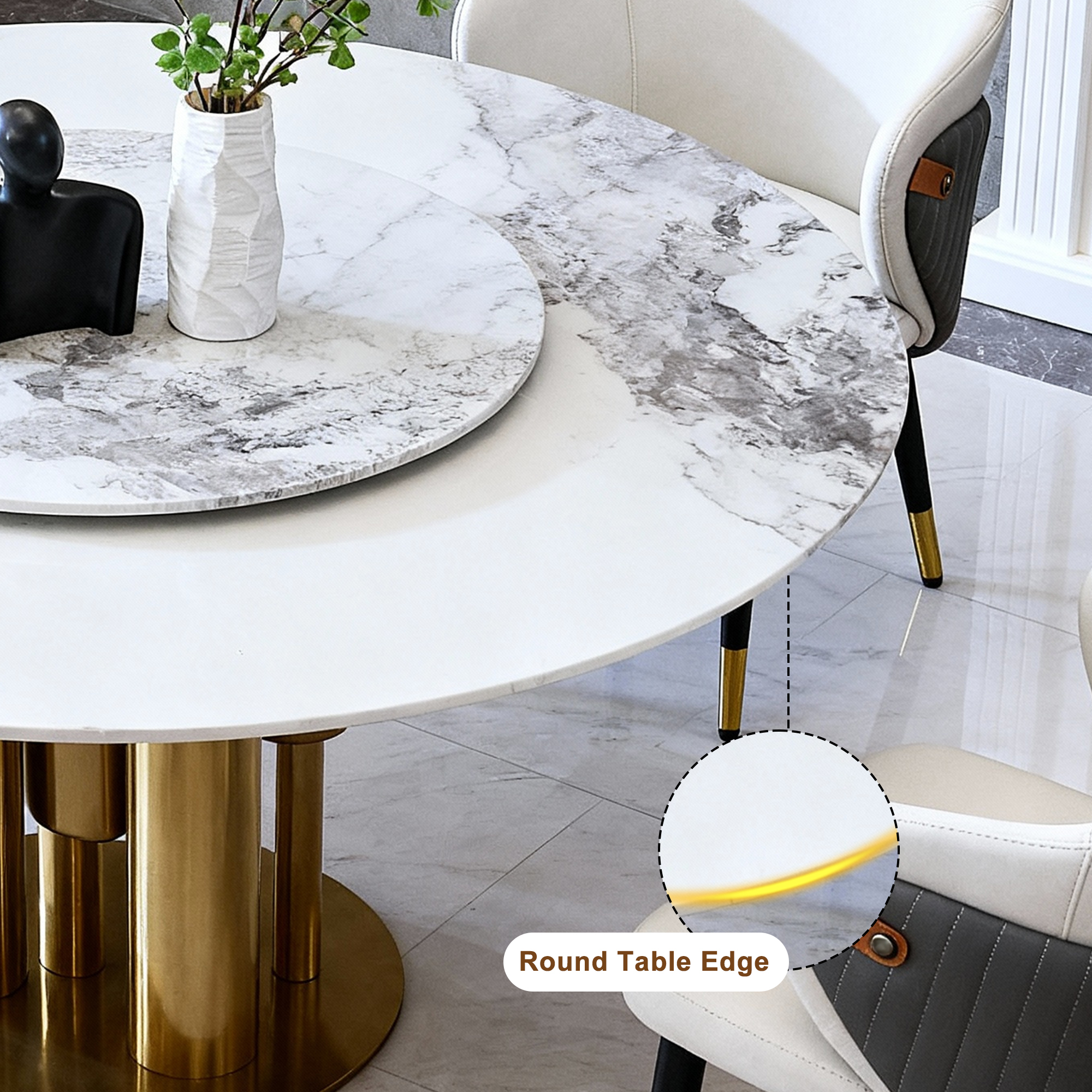 59" Round Sintered Stone Dining Table Set with 360° Lazy Susan & Gold Base - Luxury Modern Kitchen Furniture for 6