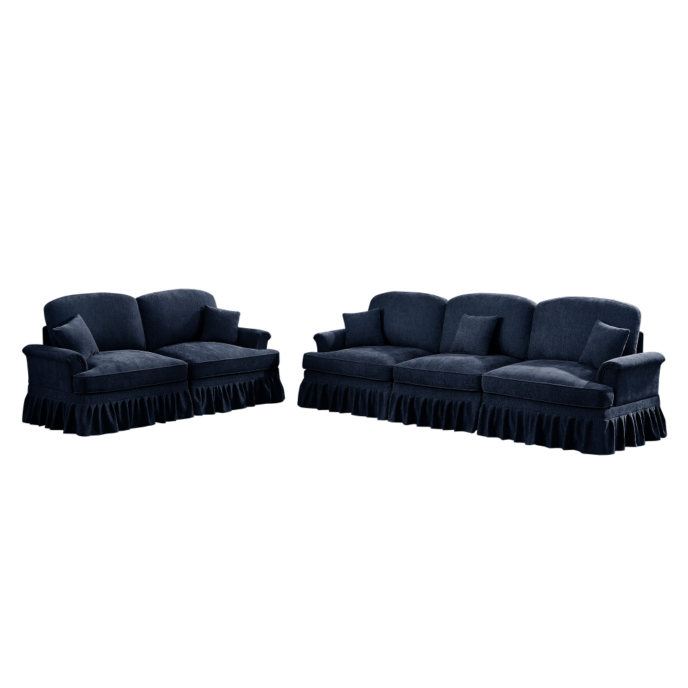 Classic Blue Chenille Modular Sofa Set with Removable Ruffle Skirts - Elegant 3-Seater & Loveseat Living Room Furniture