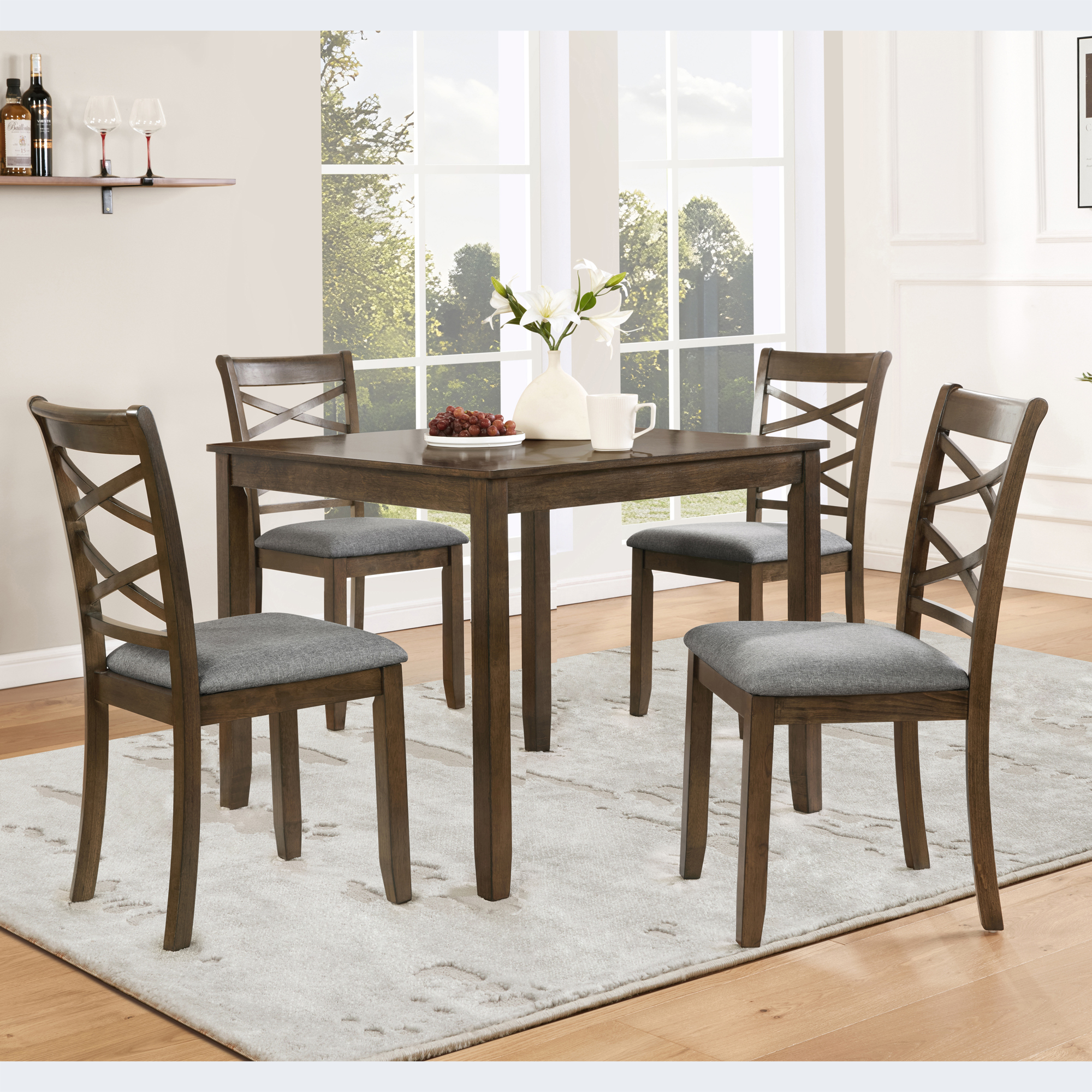 Modern 5-Piece Square Dining Table Set for 4, Walnut Finish Wood Kitchen Table with Upholstered Chairs
