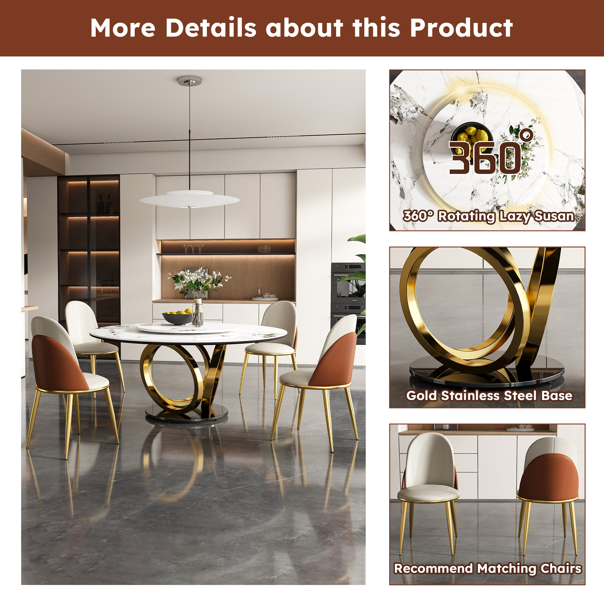 59" Round Sintered Stone Dining Table Set with Rotating Lazy Susan & Gold Base - Modern 8-Piece Kitchen Dinette Furniture