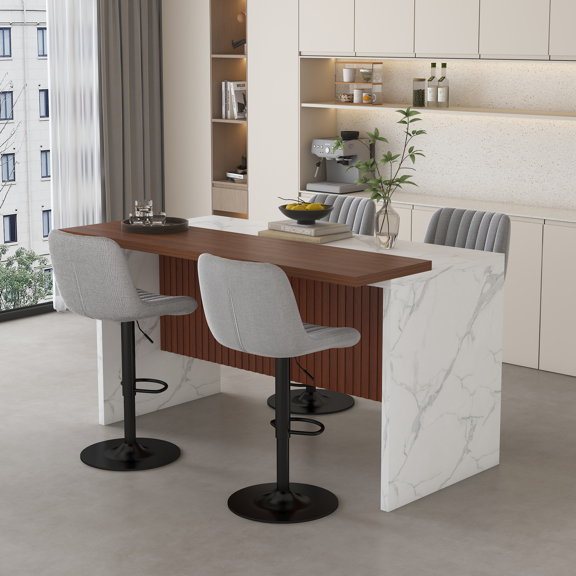 63" Modern Kitchen Island Set with LED Lighting & Marble Top - 4-Piece Dining Table with Gray Bar Stools for Open Concept Spaces
