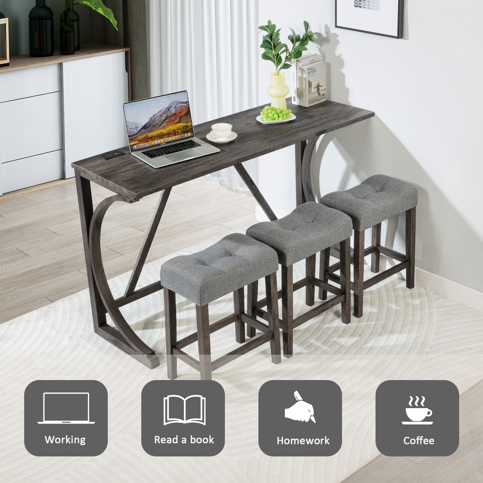 4-Piece Bar Table Set with Power Outlet & USB Ports, Dark Gray Dining Counter Height Pub Table and 3 Padded Stools for Kitchen, Living Room